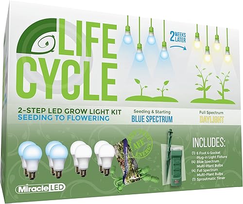 Miniatura 1 de Miracle LED Kit de luz de cultivo sincronizada de 4 sockets de ciclo de vida de plantas con 4 espectro azul y 4 bombillas de espectro completo para