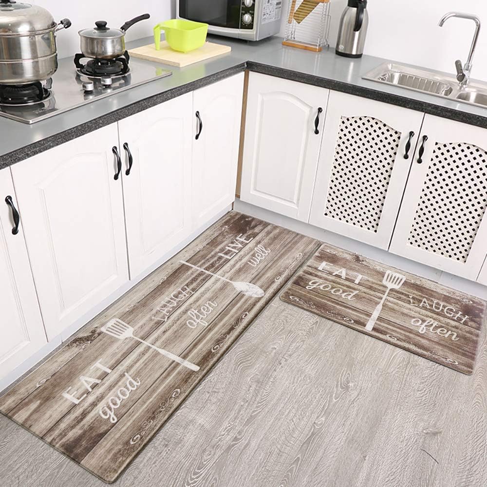 Kitchen Rug Set,LEEVAN Kitchen Floor Mats 2 Piece PVC Leather Anti Fatigue Comfort Heavy Duty Standing Mat Waterproof Oil Proof Non-Skid Rubber Back Washable Doormat Bathroom Area Rug Carpet