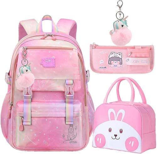 IHZZ Mochila para niñas, mochila Kawaii con lonchera y caja de lápices, mochila escolar de arcoíris estrellado para niños, mochilas escolares para