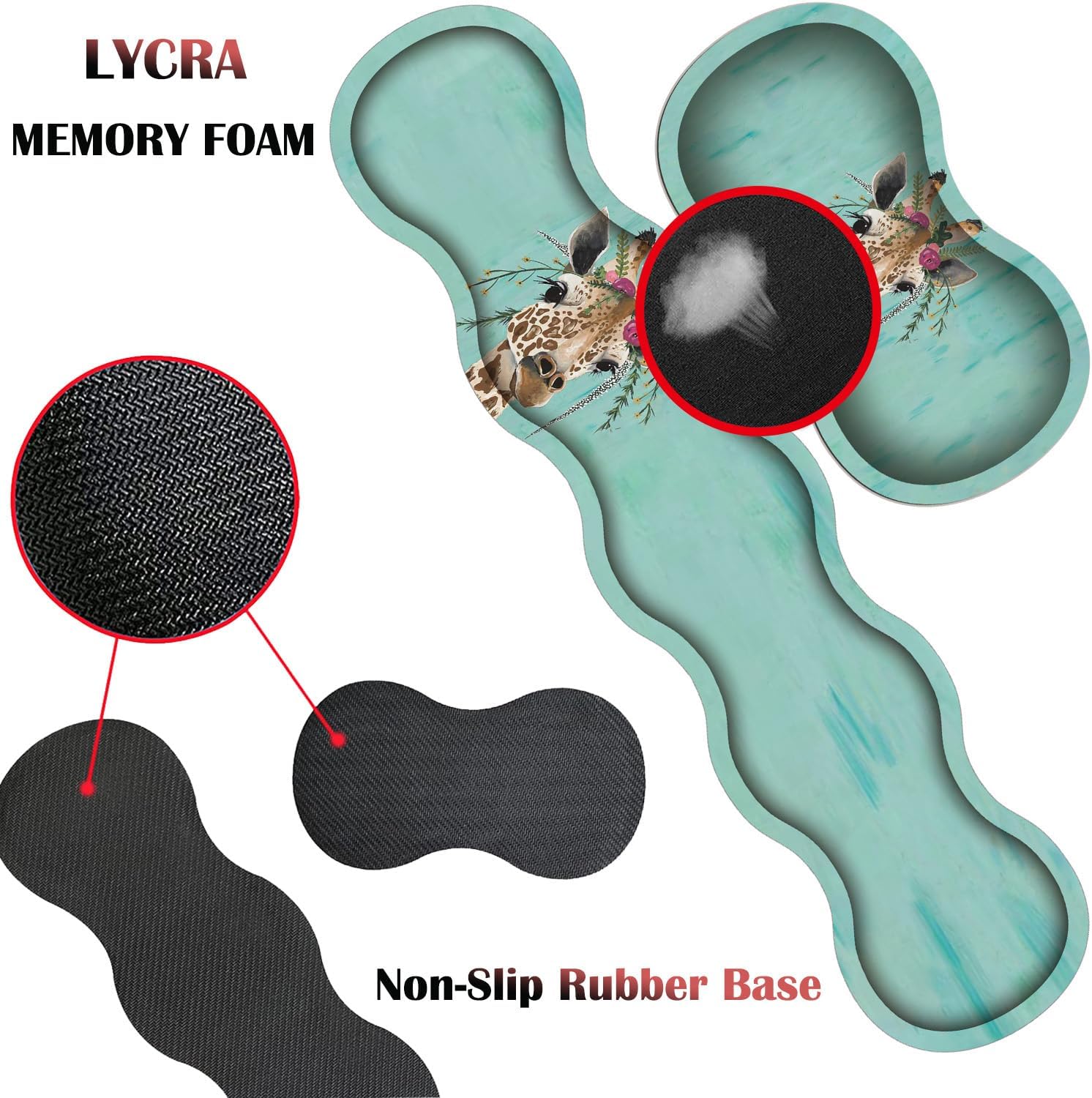 4 in 1 Mouse Pad Combo, Large Gaming Mouse Pad + Keyboard Wrist Support + Mouse Wrist Rest + Coaster, Table Pad with Stitched Edge Memory Foam Ergonomic Wrist Pad Set, Giraffe with Floral Headgear