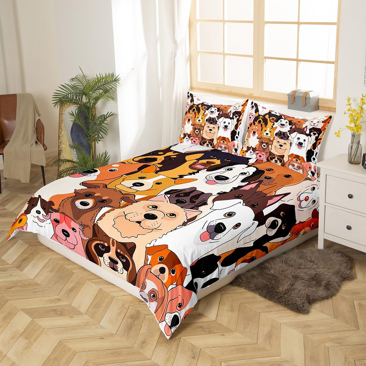 Pup Dog Comforter Cover Set Trippy Pets Duvet Cover Full Size, Lovely Puppy Animals Bedding Set for Youth Girls Teens Corgi Labrador Retrievers Bedclothes Dog Lover Bedroom Decor