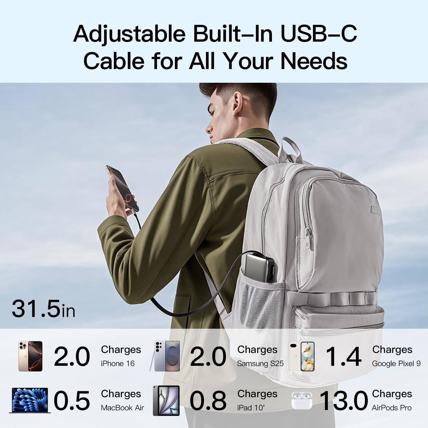 MFish 10000mAh Power Bank, 45W PD Fast Charging Portable Charger with Retractable Built-in USB-C Cable, Dual USB-C Output, LED Percent Display, Flight-Approved Travel Battery Pack for iPhone 17/16 - Image 9