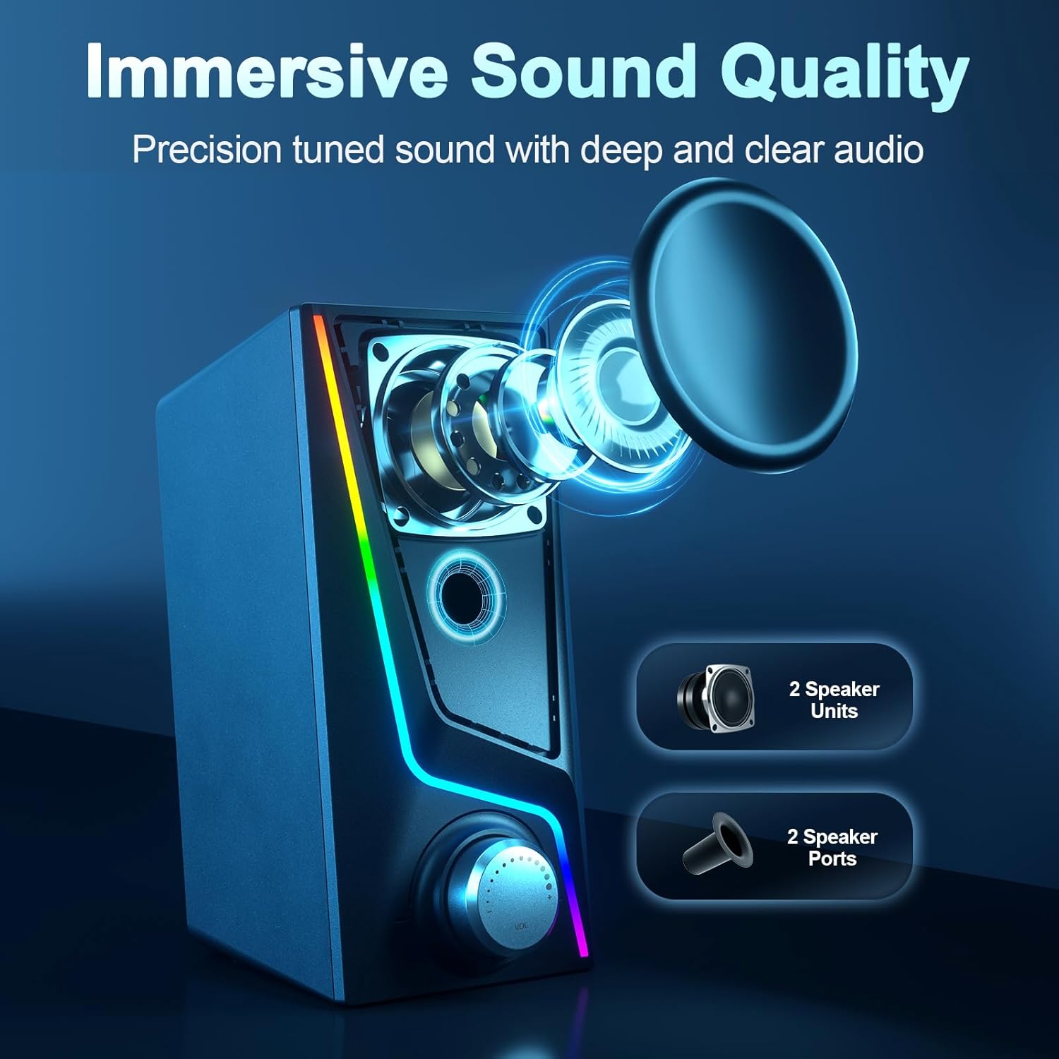 Nylavee Computer Speakers with Subwoofer, 2.1 PC Speakers System with 8 Lighting Modes, 60W Peak Power, AC Adapter Powered, Bluetooth 5.4, USB/USB-C and 3.5mm Aux in for Desktop, Monitor, Gaming