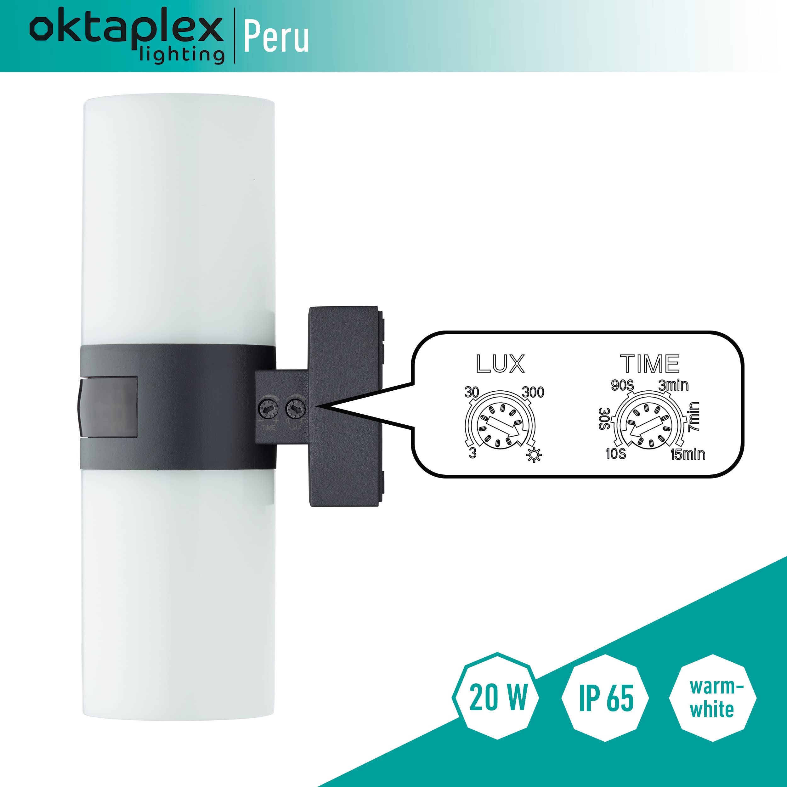 Oktaplex Außenlampe mit Sensor Rund Oktaplex Lighting Peru Motion | Bewegungsmelder, 20W, 1900lm, 3000K warmweiß, IP65 anthrazit