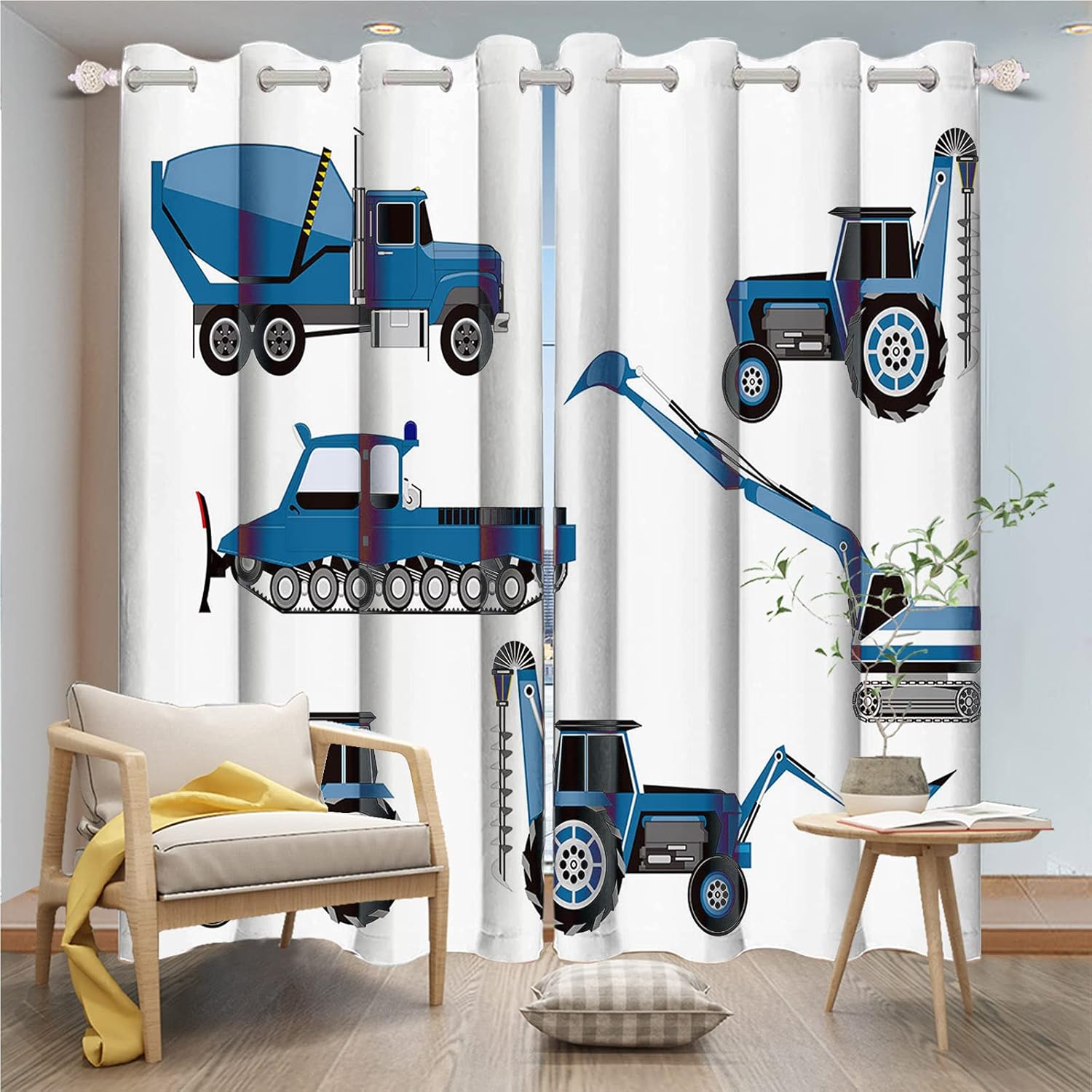 Yeele 42x85inches Boys Kids Bedroom Window Curtains Cartoon Construction Truck Blackout Curtains Bulldozer Excavator Thermal Insulated Printed Curtain 2 Panels Living Room Waterproof Polyester Drapes