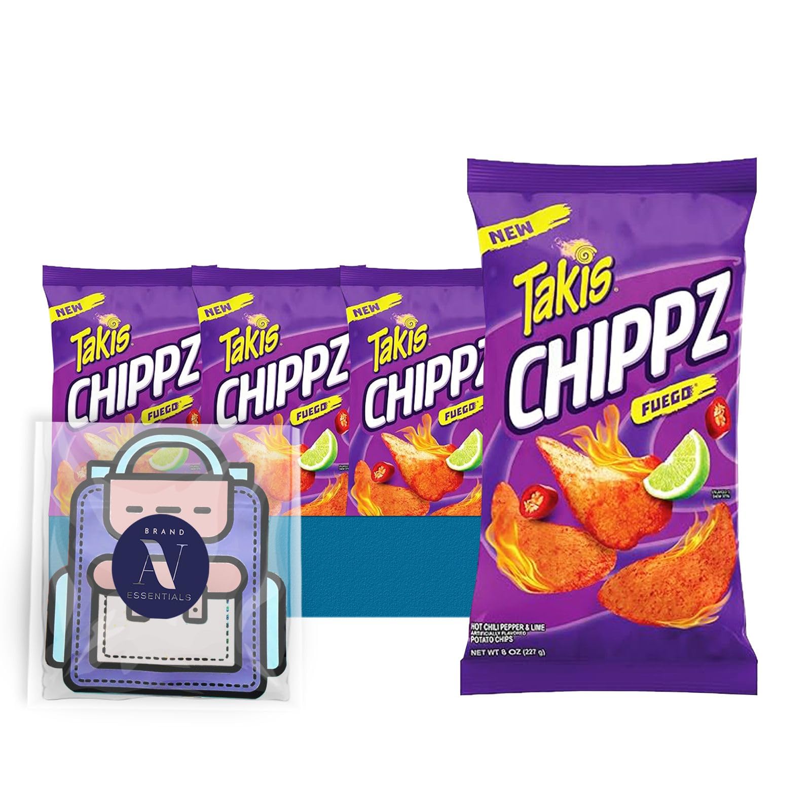 TakisLavinia Essentials Bundle: 4-Pack of Chippz Fuego Sharing Size Bag, Hot Chili Pepper Rolled Tortilla Chips 9.9 oz Bag + 1 Utility Prop