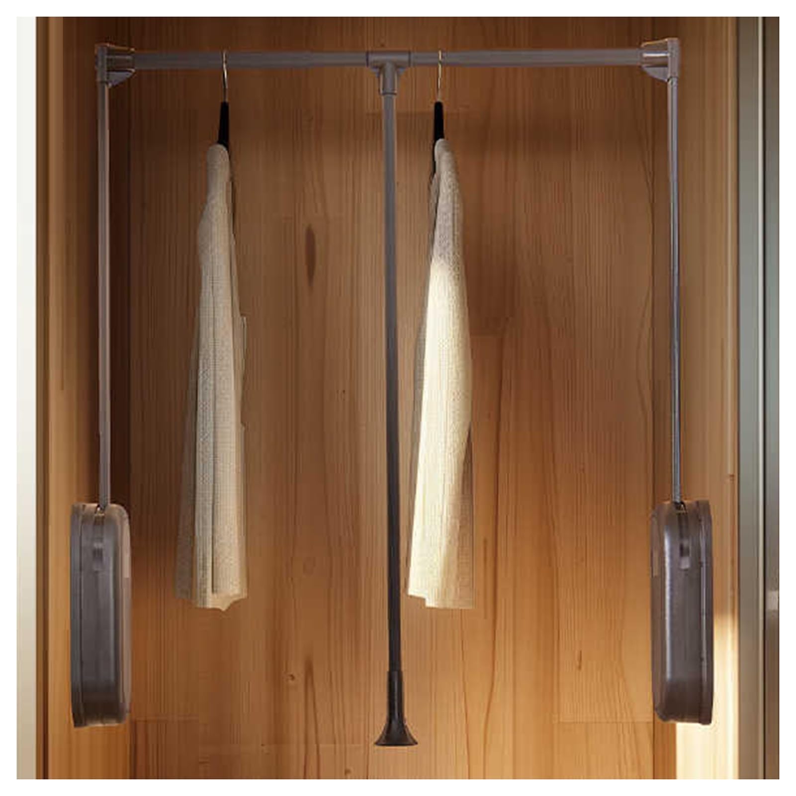 HTTGDGDH Adjustable Pull Down Closet Rod, Double Buffer Liftable Clothes Hanger, Aluminum Alloy, 48 Lbs Capacity, Space-Saving Clothes Rail, Fits 20.47-47.64 Inch Closets,Brown-890-1210mm