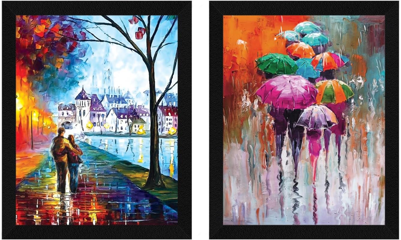 ArtX Paper Abstract Romantic Framed Wall Art Painting For Bedroom, Wall Painting For Living Room, Multicolor, Abstract, 10 X 13 inches each, 20 X 13 inches combined, Set of 2