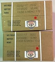 Vista 4 de Caso de fecha de inspección MRE 2020, 12 comidas con fecha de inspección 2020, paquete de fecha B de 2017. Comida excedente militar lista para comer.