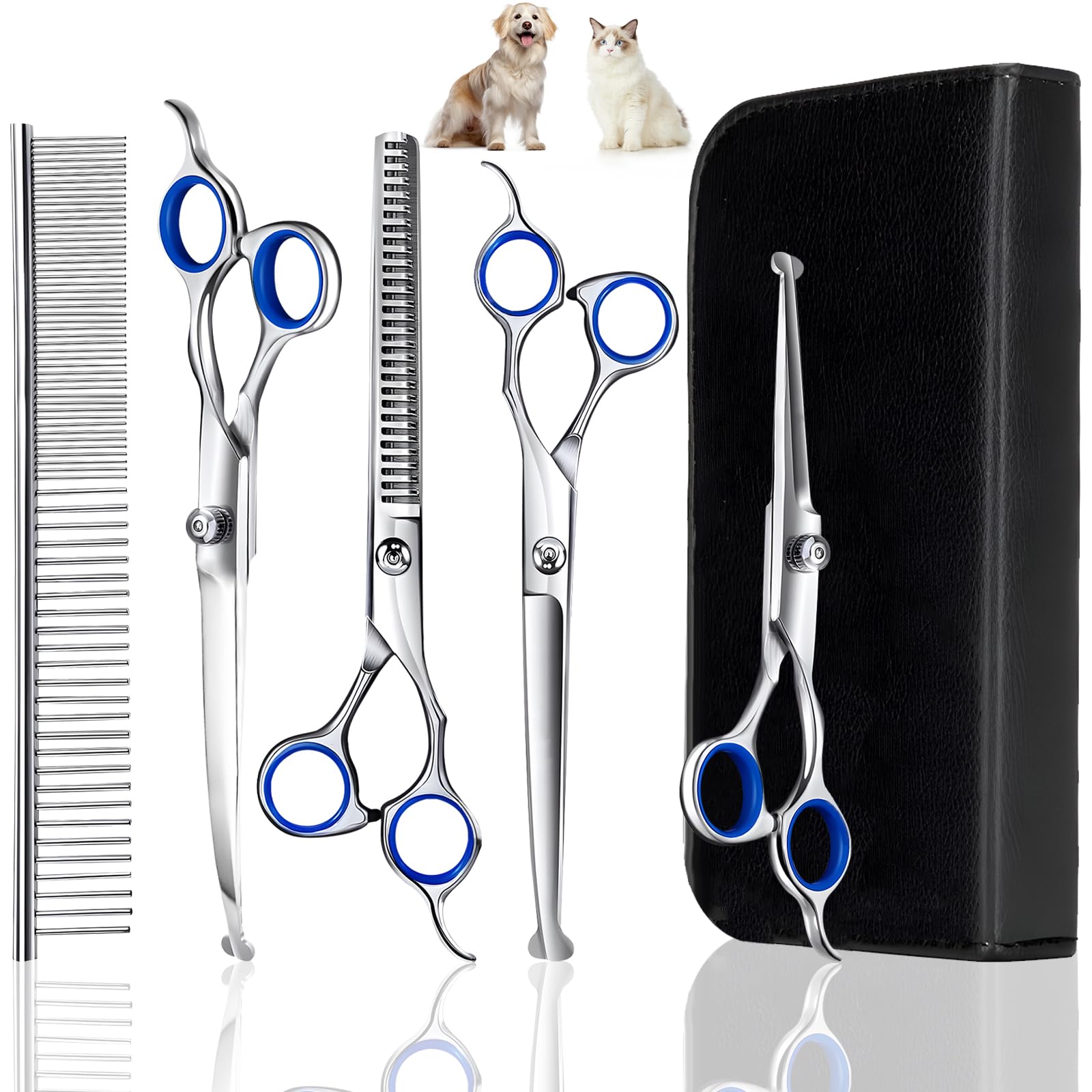 Ciseaux de Toilettage pour Chiens, Acier Inoxydable avec Pointe Ronde de Sécurité, y Ciseaux à Effiler Chien, Ciseaux Courbes Chien, Ciseaux Droits, Peigne, pour Chiens Chats