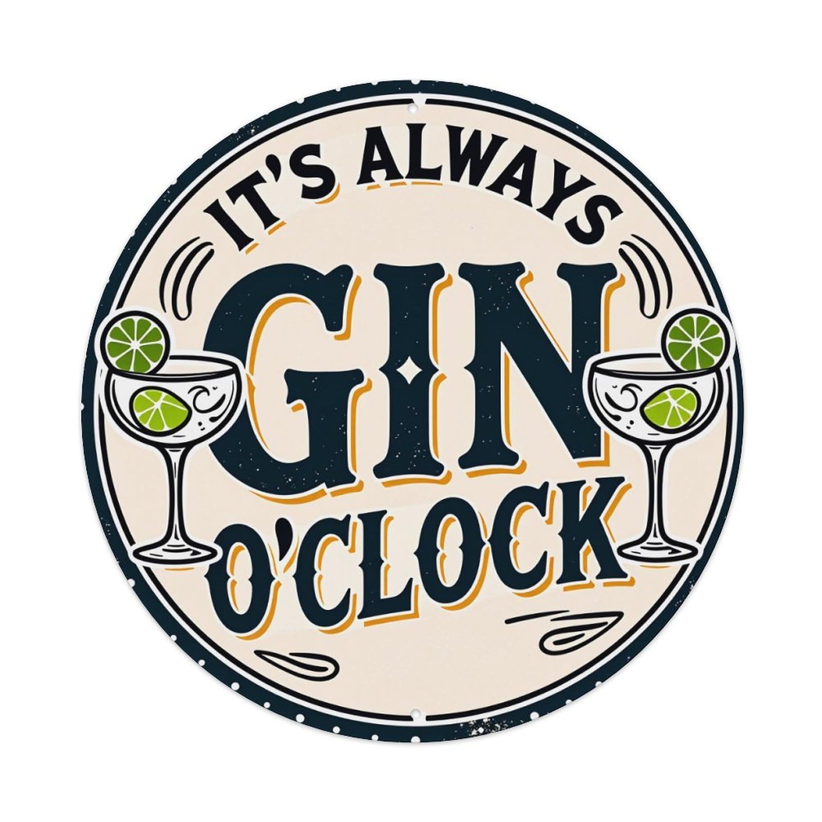 Wmlzdnwr Vintage It's Always Gin O'clock With Lime Cocktails Round Tin Sign,Retro Wall Art,Metal Poster For Home, Bar, Garage, Cafe, Rustic Indoor & Outdoor Decor, 8X8 Inches