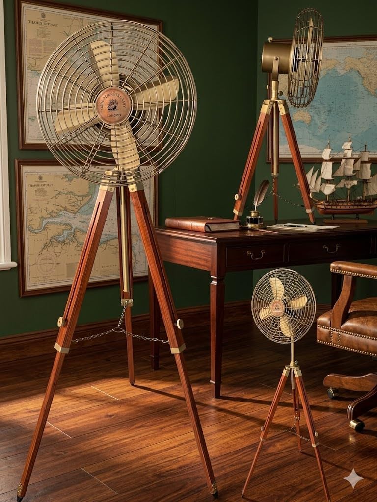 Vintage Brass Tripod Floor Fan with Wooden Stand, 50 Inch Large Decorative Electric Fan, Antique Style Nautical Home Office decorFan, Functional Collectible Nautical Birthday gift