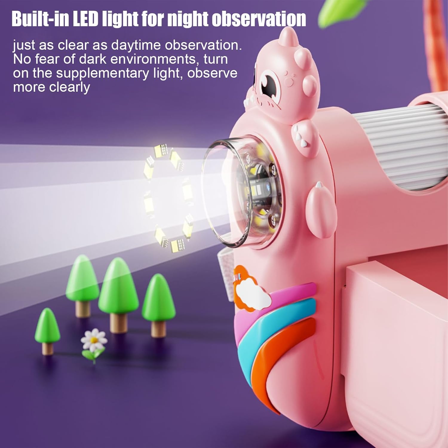 キッズ顕微鏡、子供用ポケット顕微鏡,1000X 倍率漫画幼児顕微鏡 8 LED ライト付き | 2 インチ LCD スクリーン恐竜イ