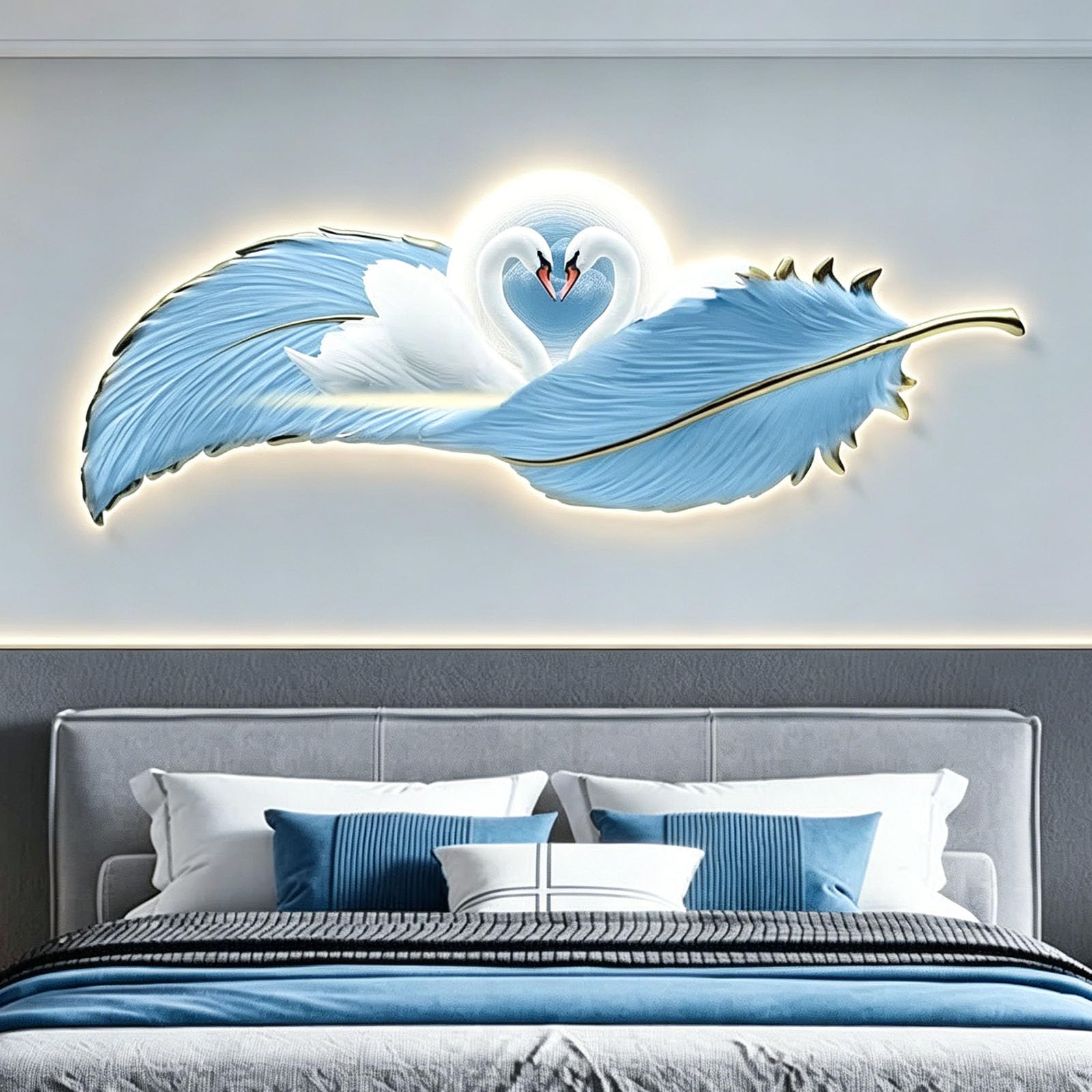 JSLXNDM 3D LED Wall Art Sculpture Lighted Decor, Modern Wall Art Feather & Deer Painting, Decorative Backlit Wall Hanging for Living Room, Bedroom Entryway Hallway G 47.2" × 15.7" (120×40 cm)