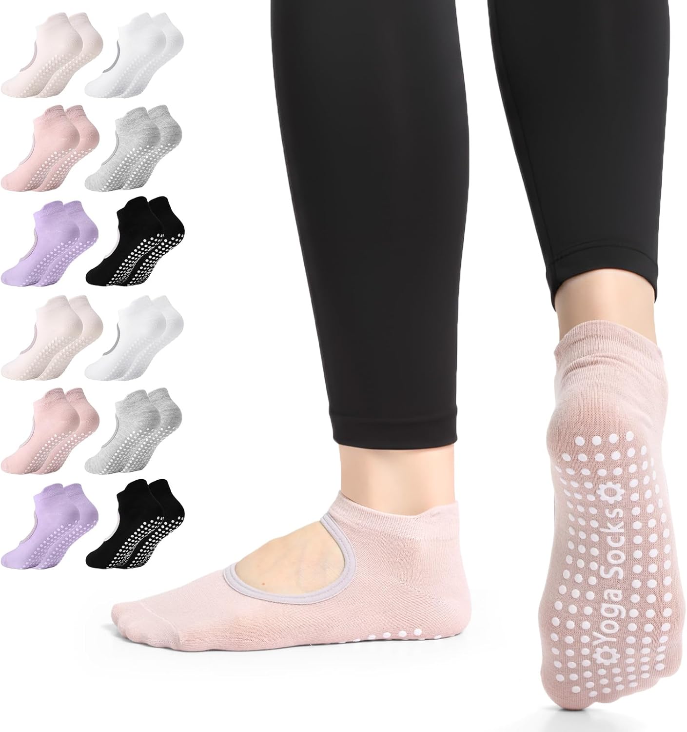 HooLing 12 Pairs Pilates Socks Bulk with Grips for Women Non Slip Crew Yoga Socks for Workout Dance Yoga Barre Pilates Gifts
