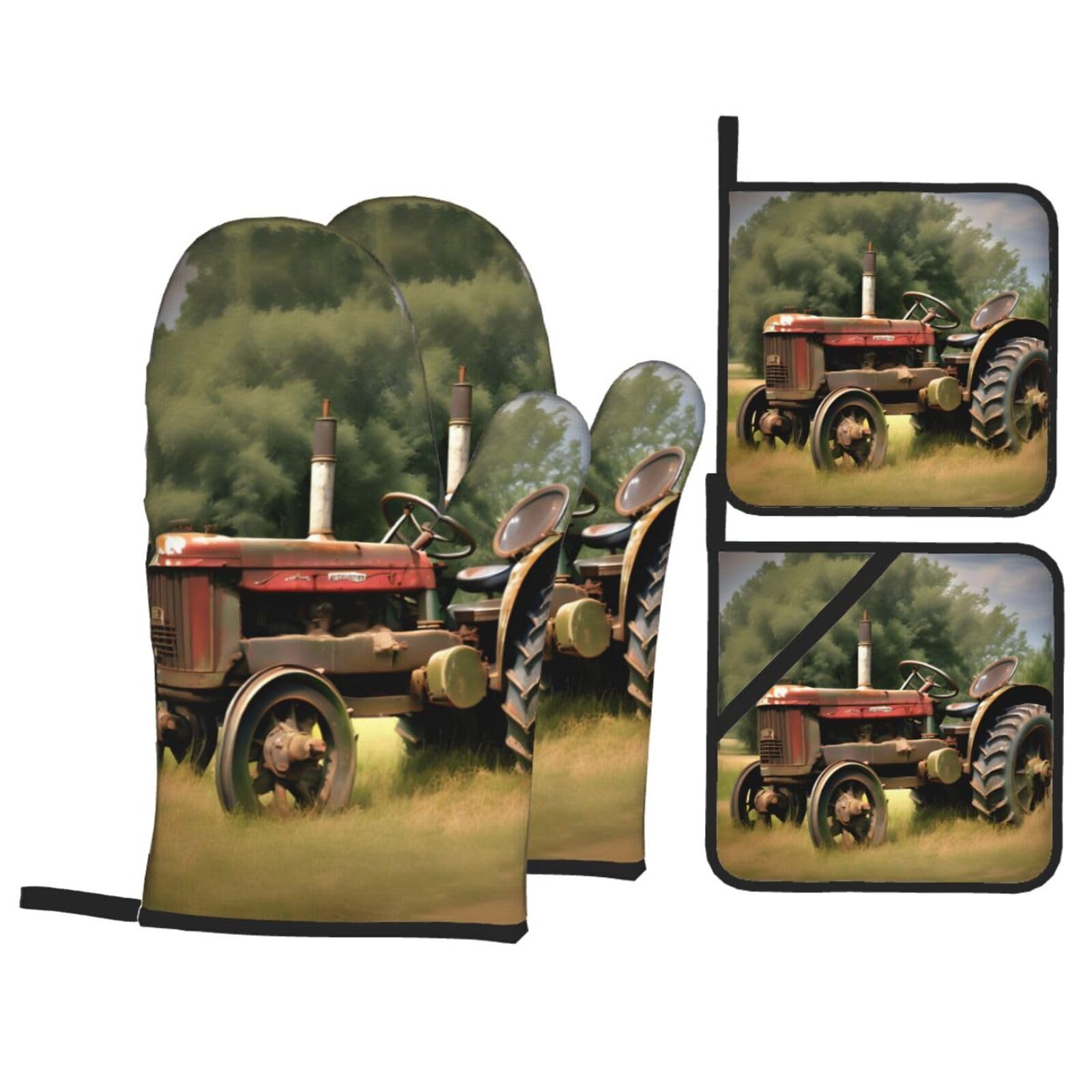 Nimongt Black Old Tractor Photoes Farm Print Heat-Resistant 4-Piece Oven Kitchen Gloves For Baking Cooking Microwaving Essentials