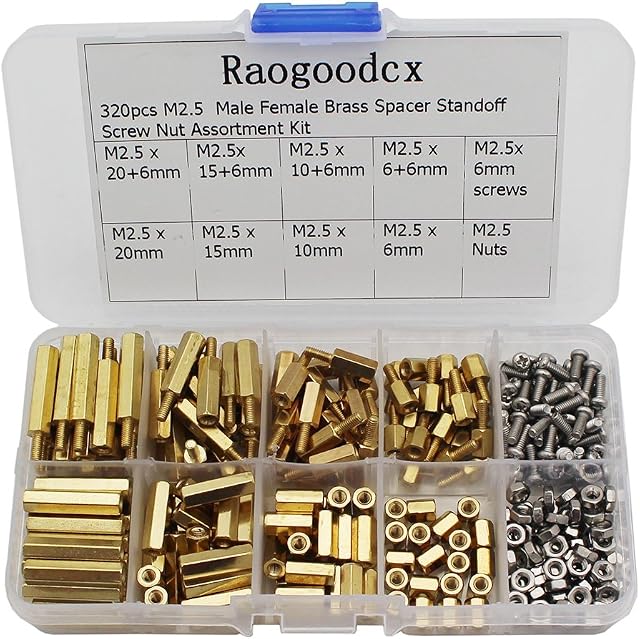 Raogoodcx 320Pcs M2.5 Male Female Brass Spacer Standoff Screw 6mm 10mm 15mm 20mm Nut Assortment Kit