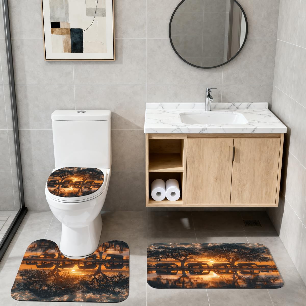 4 Piece Elephant Shower Curtain Set with Non-Slip Rugs,Toilet Lid Cover, Bath Mat Tropical African Large Wild Animal Fall Sunset Bathroom Decor Set Accessories with 12 Hooks, 72 x 72 Inch