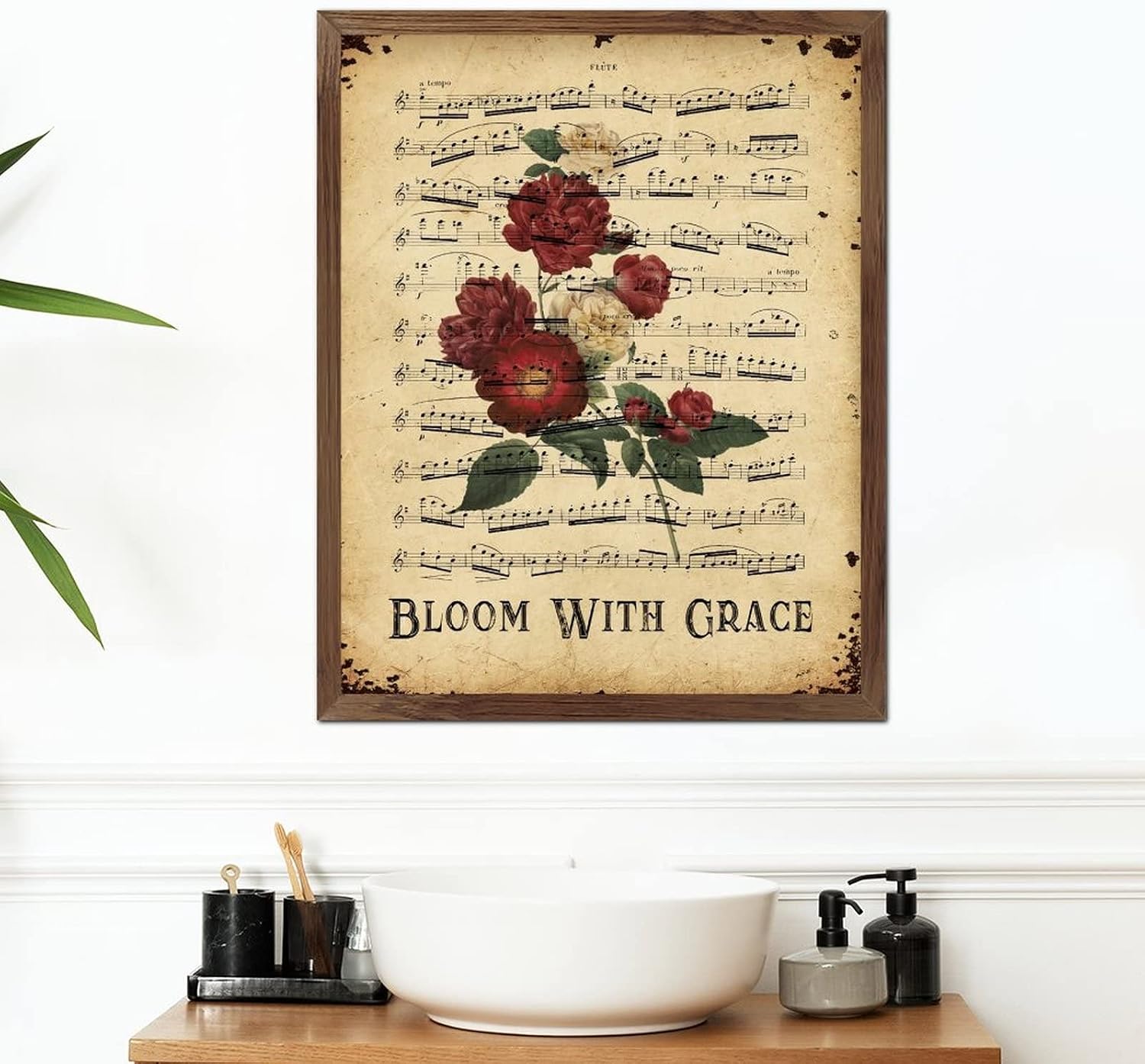 Bloom with Grace Wood Framed Signs Vintage Music Sheet Rose Flower Hanging Wall Art Sign Classic Botanical Artwork Wall Decor Hanging Plaque Sign for Bedroom Living Room Home Kitchen 20x16inch