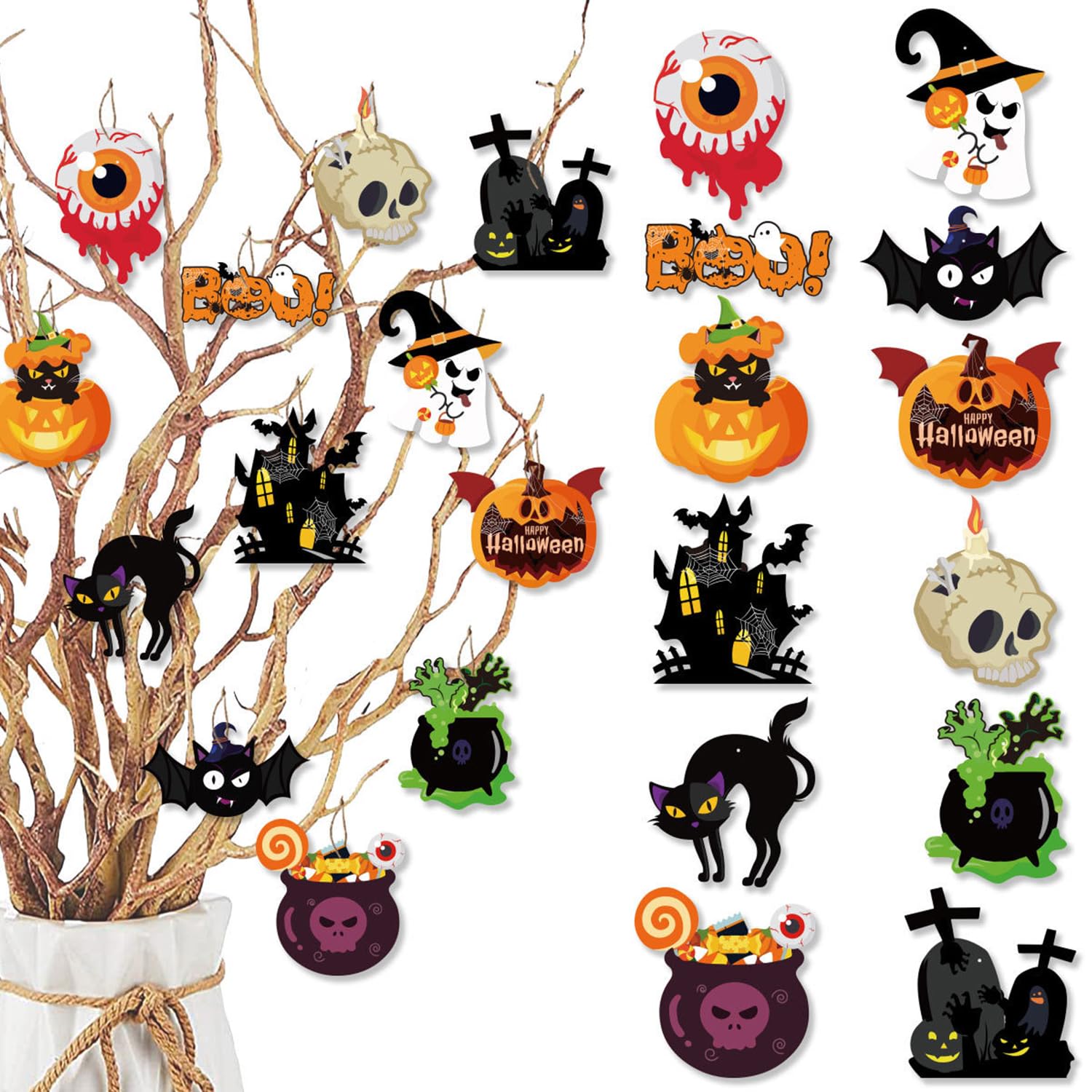 [24pcs] Lukione Halloween Hanging Ornament, Halloween Hanging Tag with Rope, Bat, Skulls, Castles, Pumpkins Themed Hanging Decoration for Halloween Holiday Home Decor Party Supplies (Ghost)