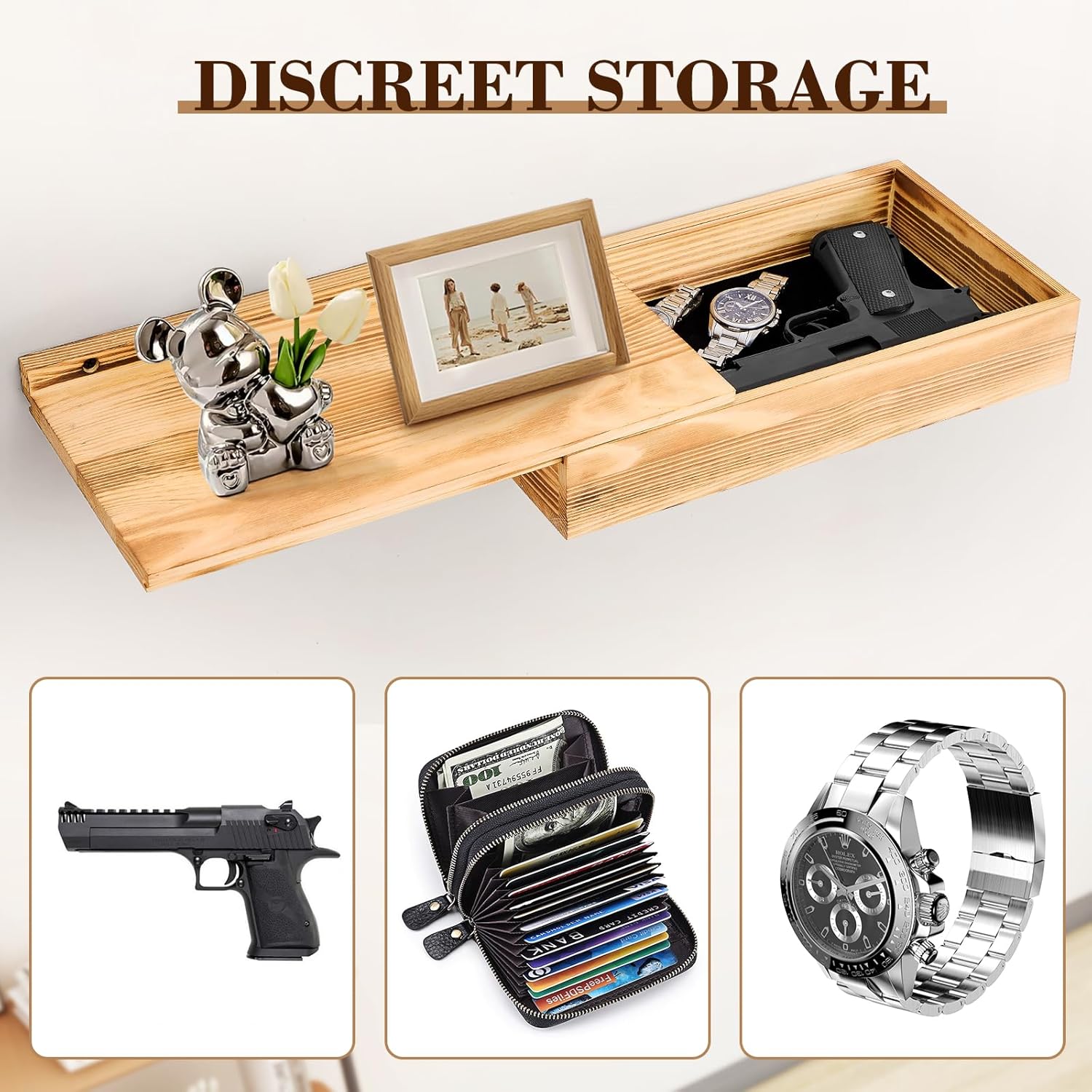 Hidden Gun Storage Shelf-14.4" x 7.7" x 2.75" Rustic Concealment Shelf Concealment Compartment Furniture Hidden Gun Safe Wall Decor for Home Security, Oak Color