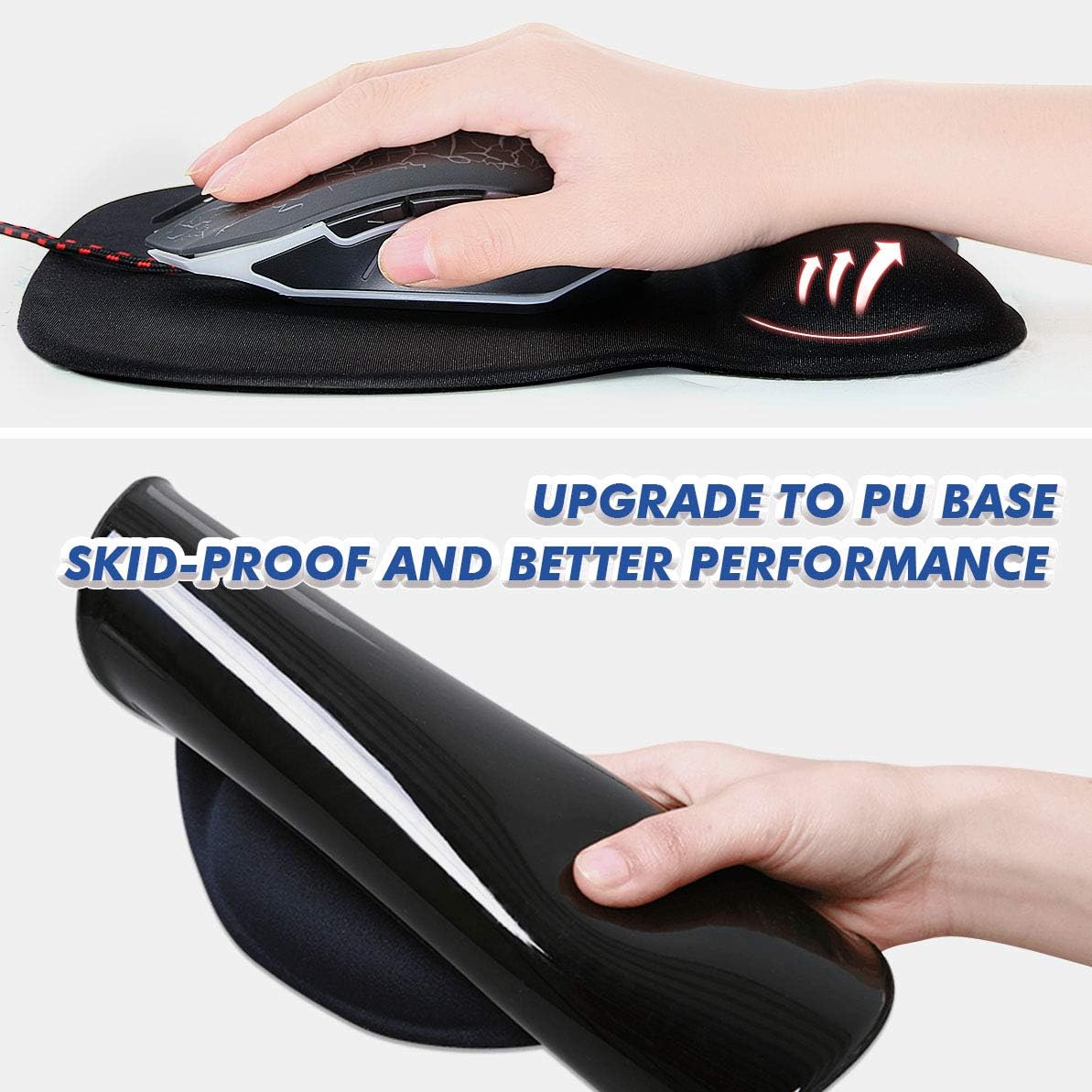 2 PCS Mouse Pad with Wrist Support Bar Set Ergonomic Mouse Pad with Gel Wrist Rest Support, Gaming Mouse Pad with Smooth Surface, Non-Slip PU Base for Computer Laptop Home Office & Travel Black