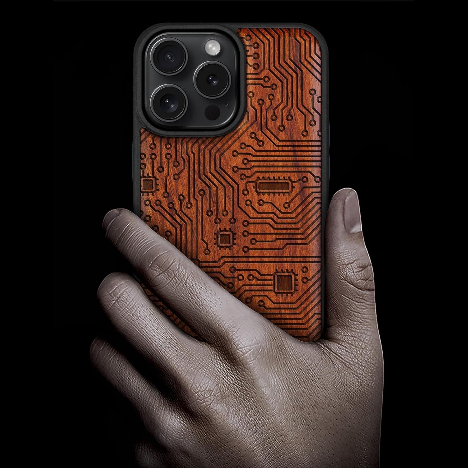 Carveit Magnetic Wooden Case for iPhone 16 Pro Max Case, Wood Artisan Engraved & Black Soft TPU Shockproof Cover, Compatible with MagSafe Wireless Chargers (Motherboard) Rosy
