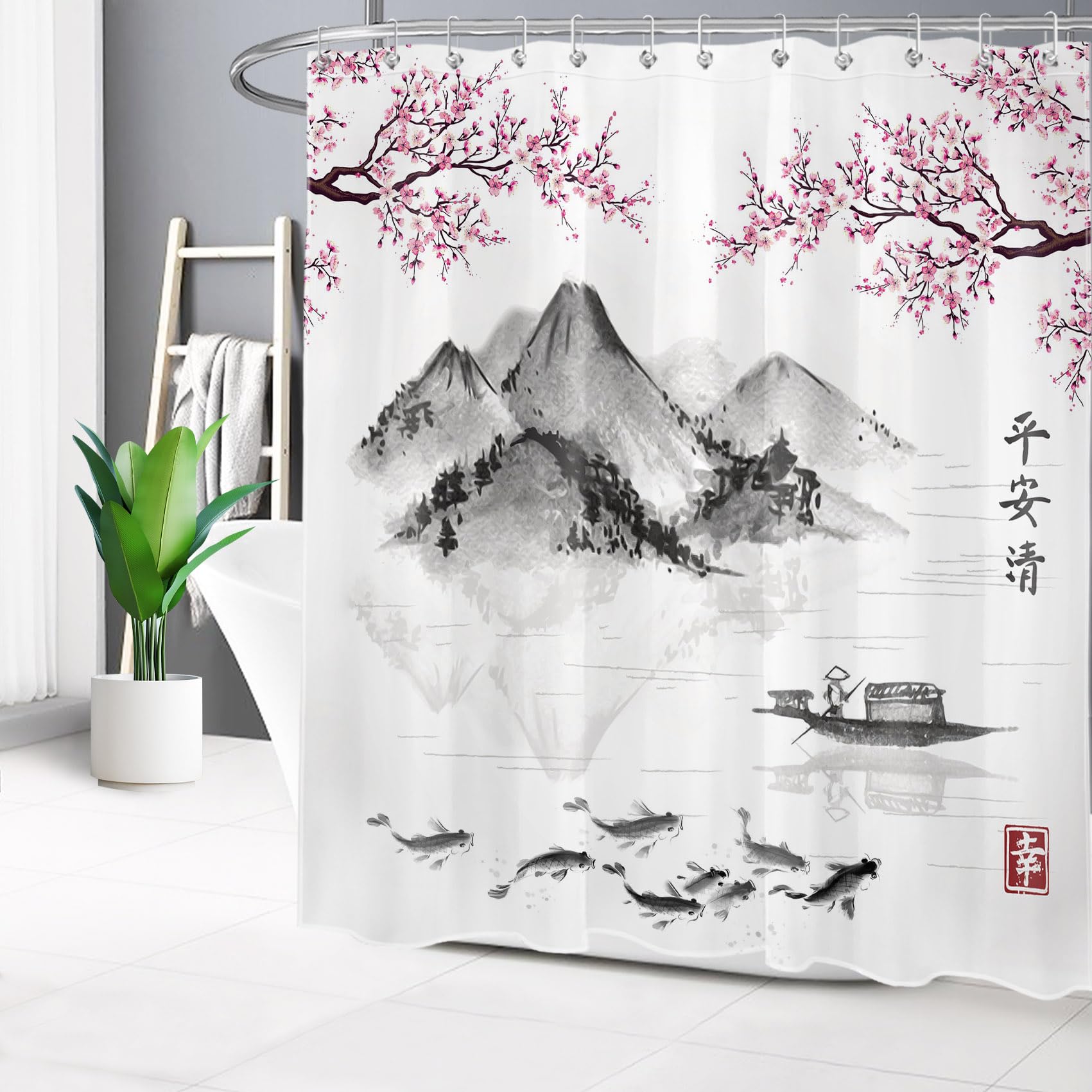 LB Black Grey Mountain Shower Curtain Pink Floral Japanese Fish Shower Curtains for Bathroom Spring Scenery White Polyester Anti Mould Waterproof Small Bath Curtain Set including Hooks,71Lx59W inches - Image 3