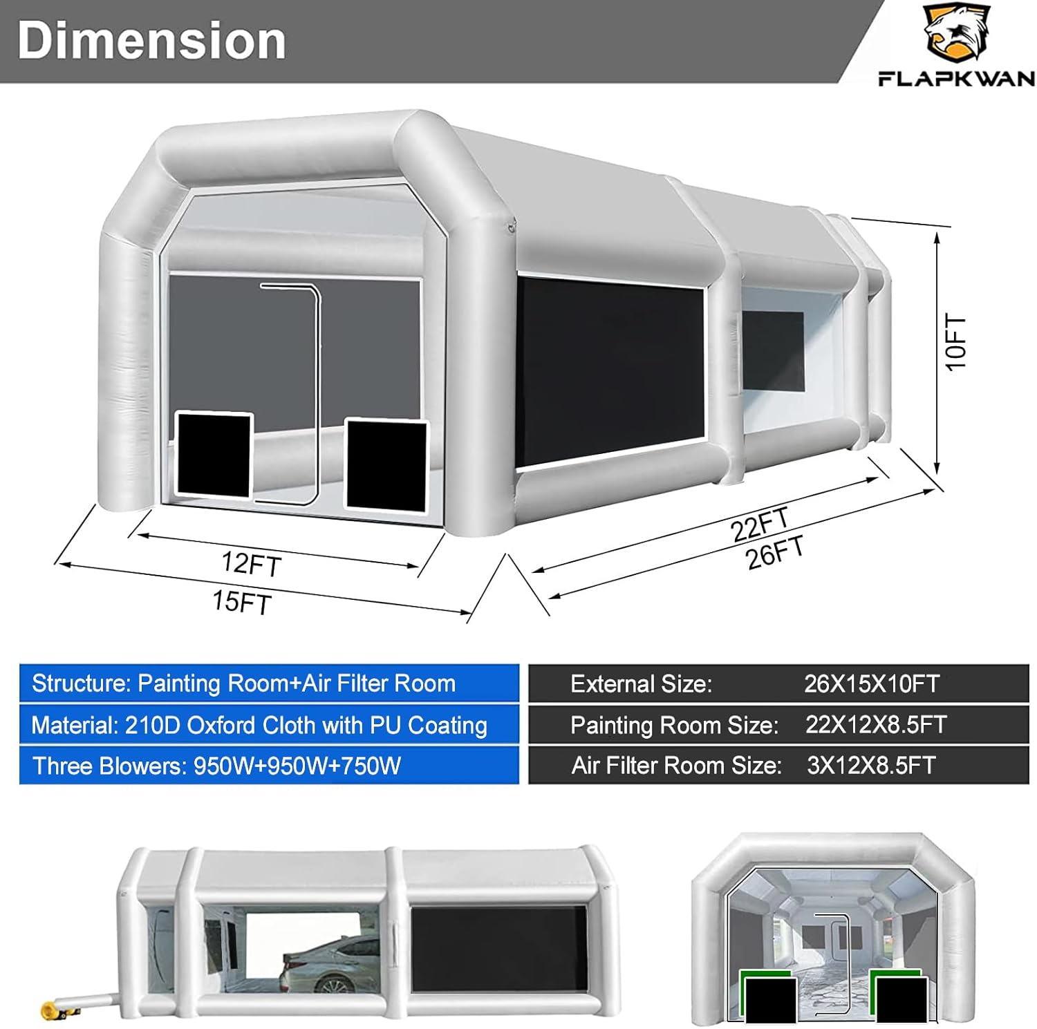 26X15X10FT Inflatable Paint Booth with Three Blowers Portable Spray Booth for Cars, Auto Parts and Other Items Painting