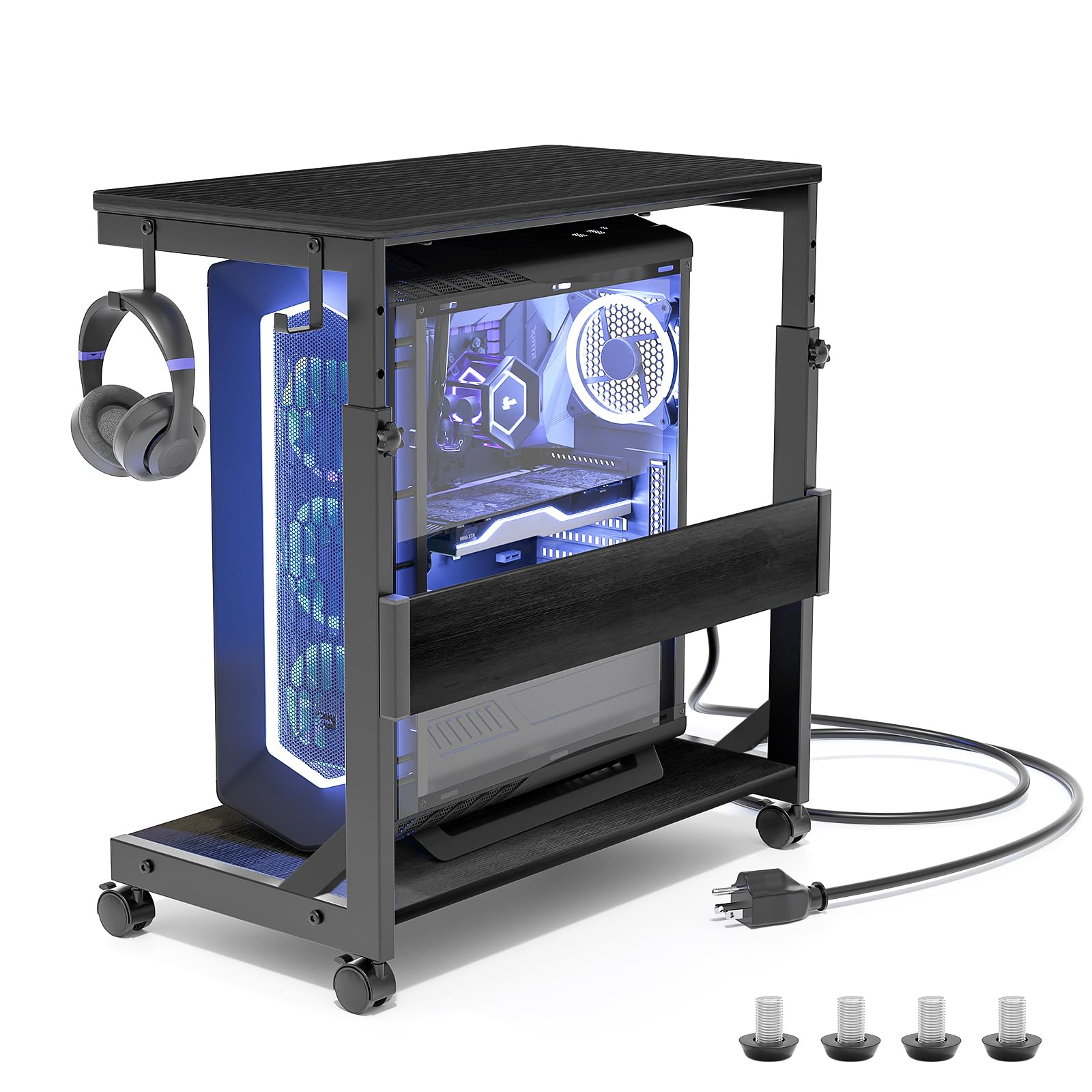 Height Adjustable Computer Tower Stand with 2-Tier ATX-Case Cart, Floor Standing Computer stand, Printer Stand With Storage Space, locking casters, fits most computers (Black, Large)