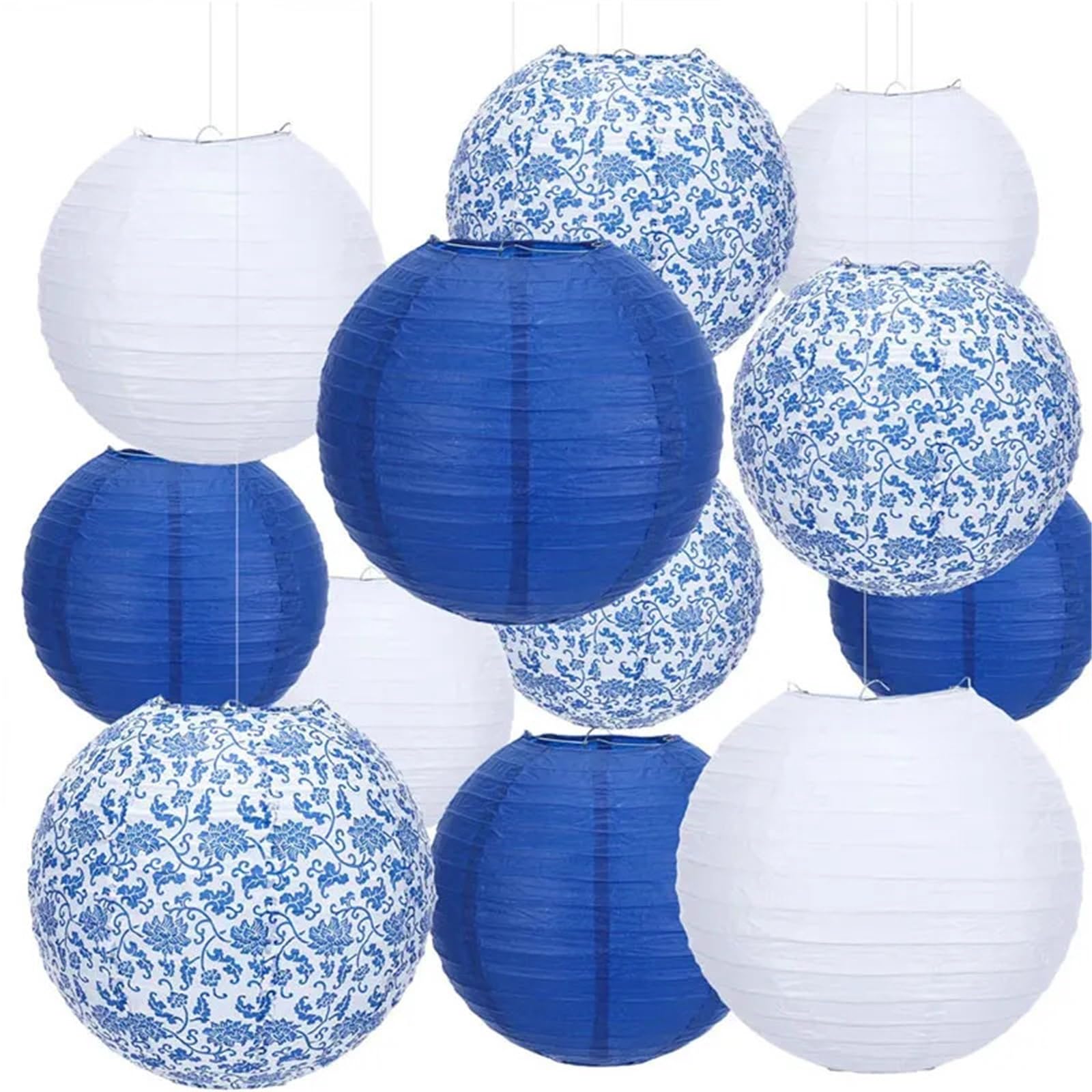 Set di 12 Lanterne Carta Rotonde Stampate Blu e Bianche da Appendere al soffitto for Matrimoni, Feste Compleanno, Decorazioni for la casa per Matrimonio Feste Giardino