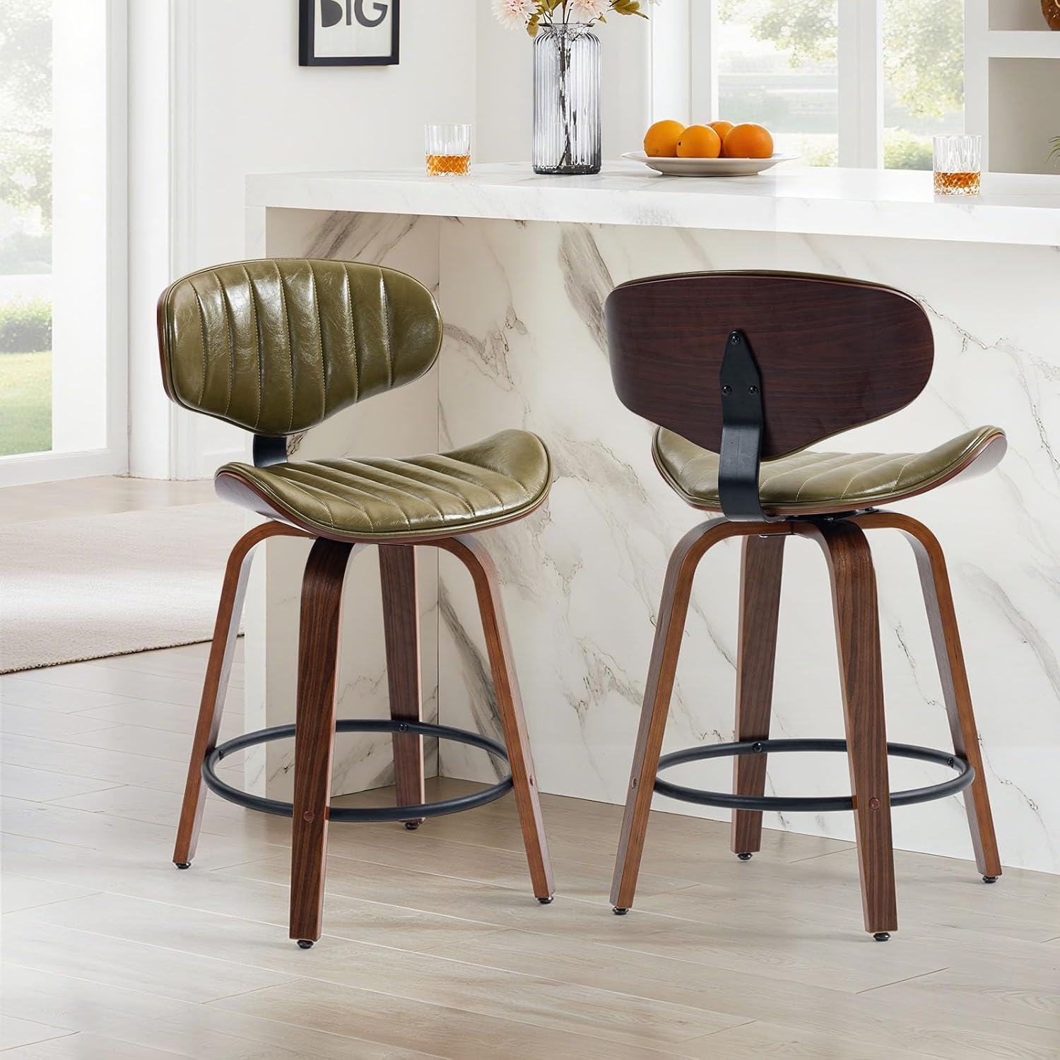 Modern Bar Stools Set of 2, 24 inch PU Leather Wooden Bentwood Barstools Counter Height Swivel Breakfast Bar Chairs with Backrest Footrest for Kitchen Island, Dining Room D035-Olive Green-2