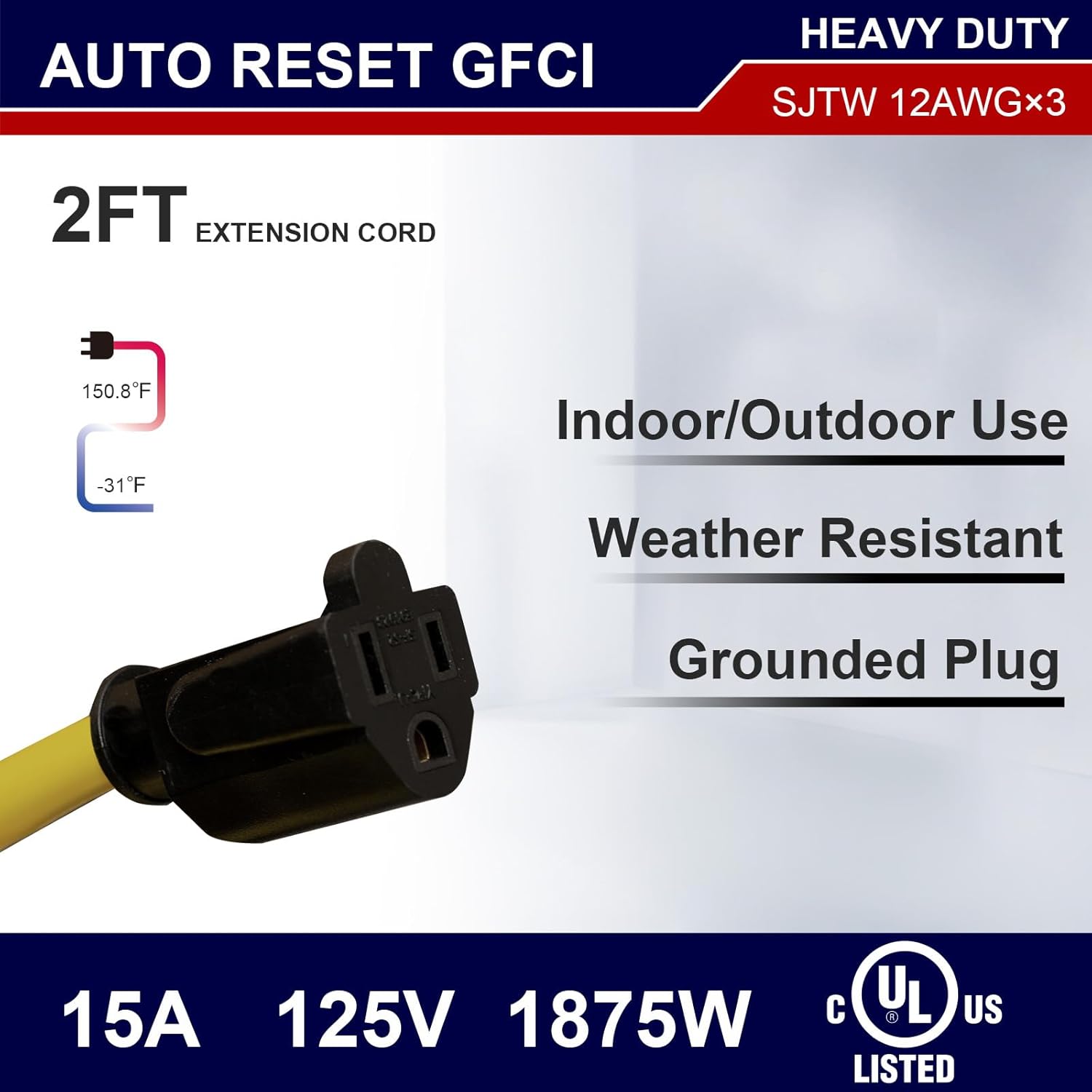 AIDA 2FT Auto Reset 12/3 Gauge SJTW Heavy Duty GFCI Extension Cord with 3 Prong Grounded Plug, 15 AMP Yellow Outdoor Extension Cable with LED Lighted, UL Listed, 1 Pack (Inline GFCI)