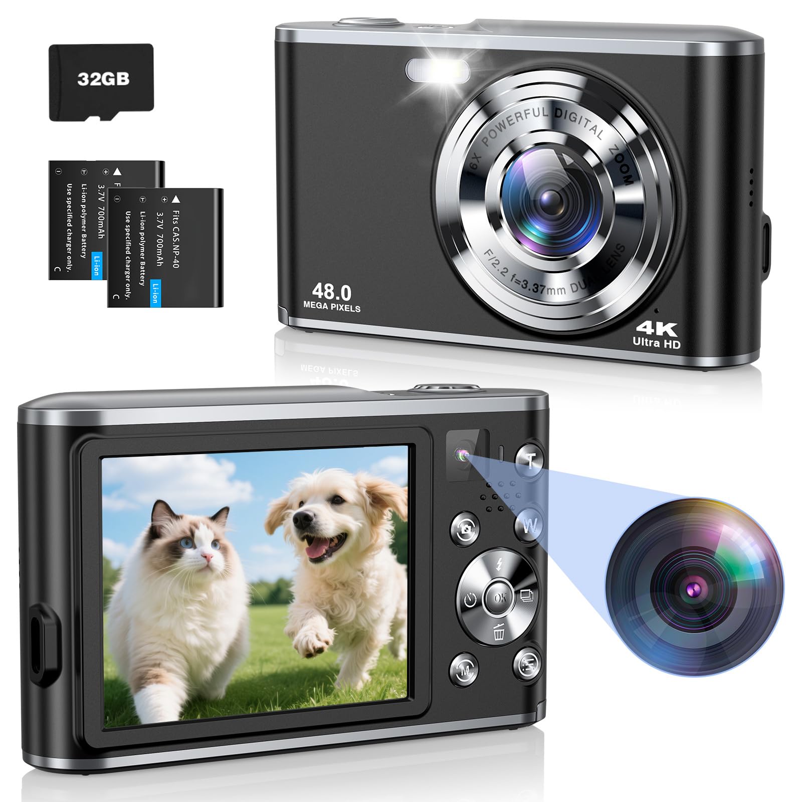 Cámara Digital 4K Ultra HD 48MP, Cámara de Fotos con Doble Lente, Zoom 16X, Tarjeta SD 32GB y 2 Baterías, Cámara Vlogging Portátil para Principiantes