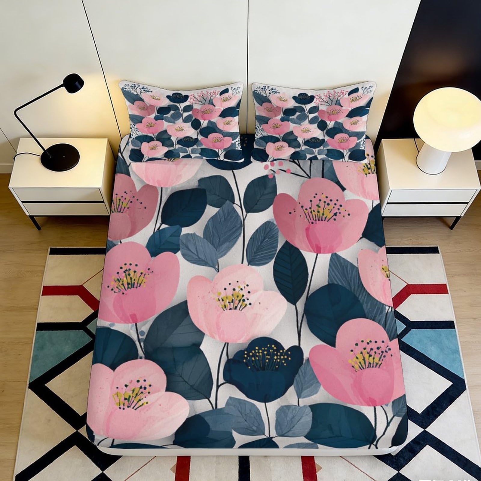 3D Printed Pink Floral Fitted Sheet Microfiber Soft Decorative Blue Leaf Mattress Cover Dustproof for Bedroom Guest Room 90x200x25cm