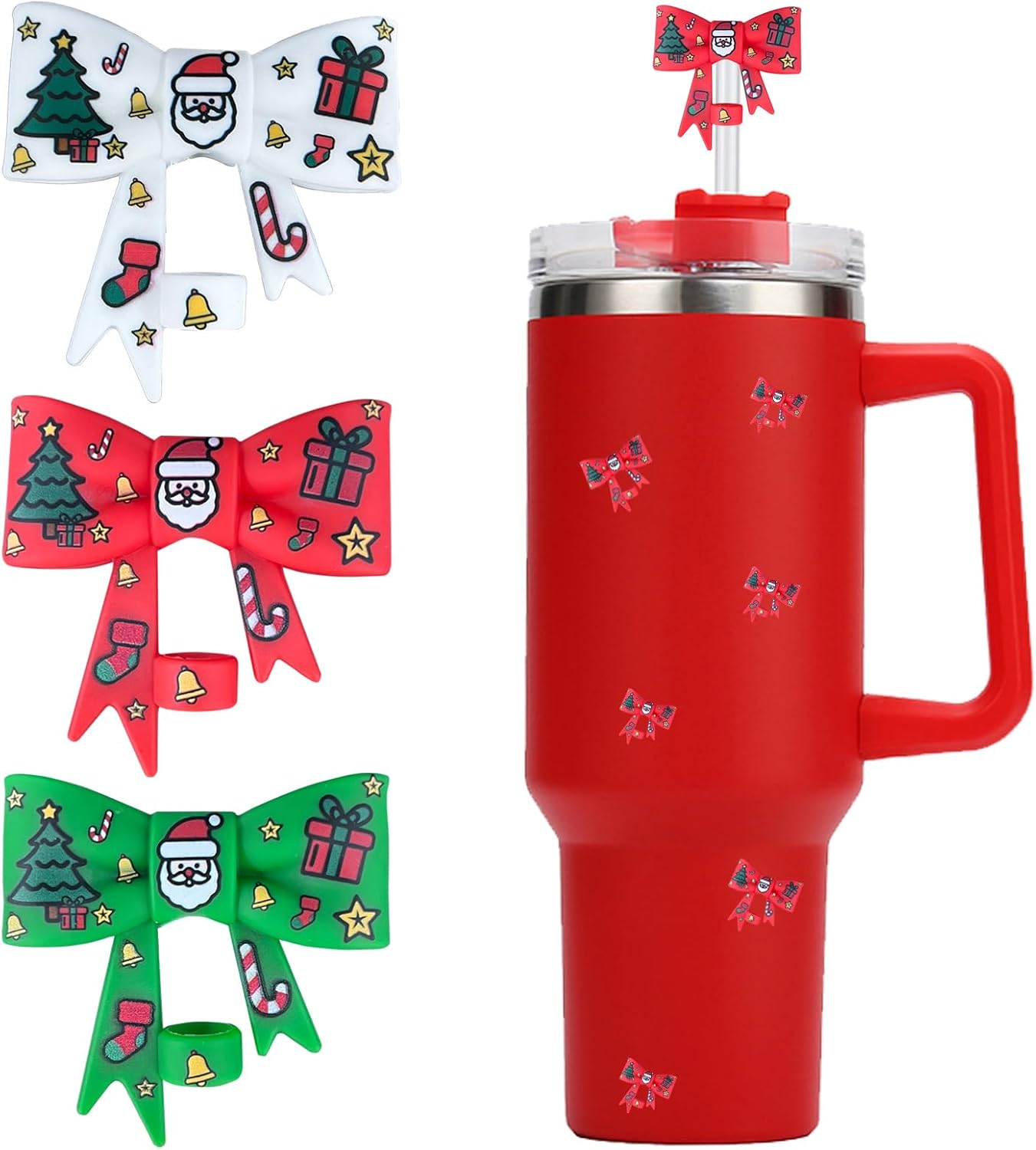 HIUSITY Christmas Bow Straw Cover Topper for Stanley Cup,Silicone Straw Toppers for Tumbler with Handle 40oz,Cute 10mm/0.4in Straws Covers Cap,Reusable Straws Lid for Stanley Cups Accessories,3Pcs