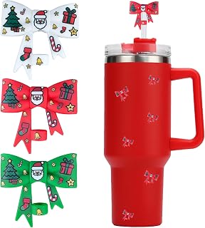 HIUSITY Christmas Bow Straw Cover Topper for Stanley Cup,Silicone Straw Toppers for Tumbler with Handle 40oz,Cute 10mm/0.4in Straws Covers Cap,Reusable Straws Lid for Stanley Cups Accessories,3Pcs