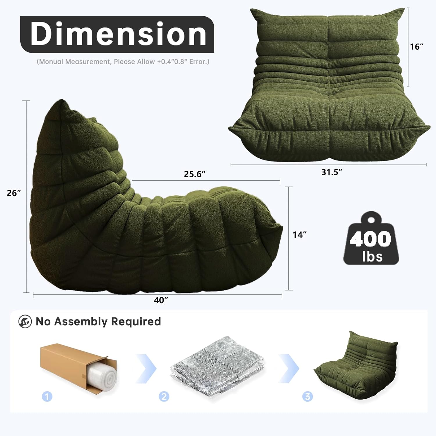 memory foam bean bag chair for adults, teddy material beanbag sofa with filler, cozy floor lounge seat for living room, bedroom, dorm, office (green) single - green
