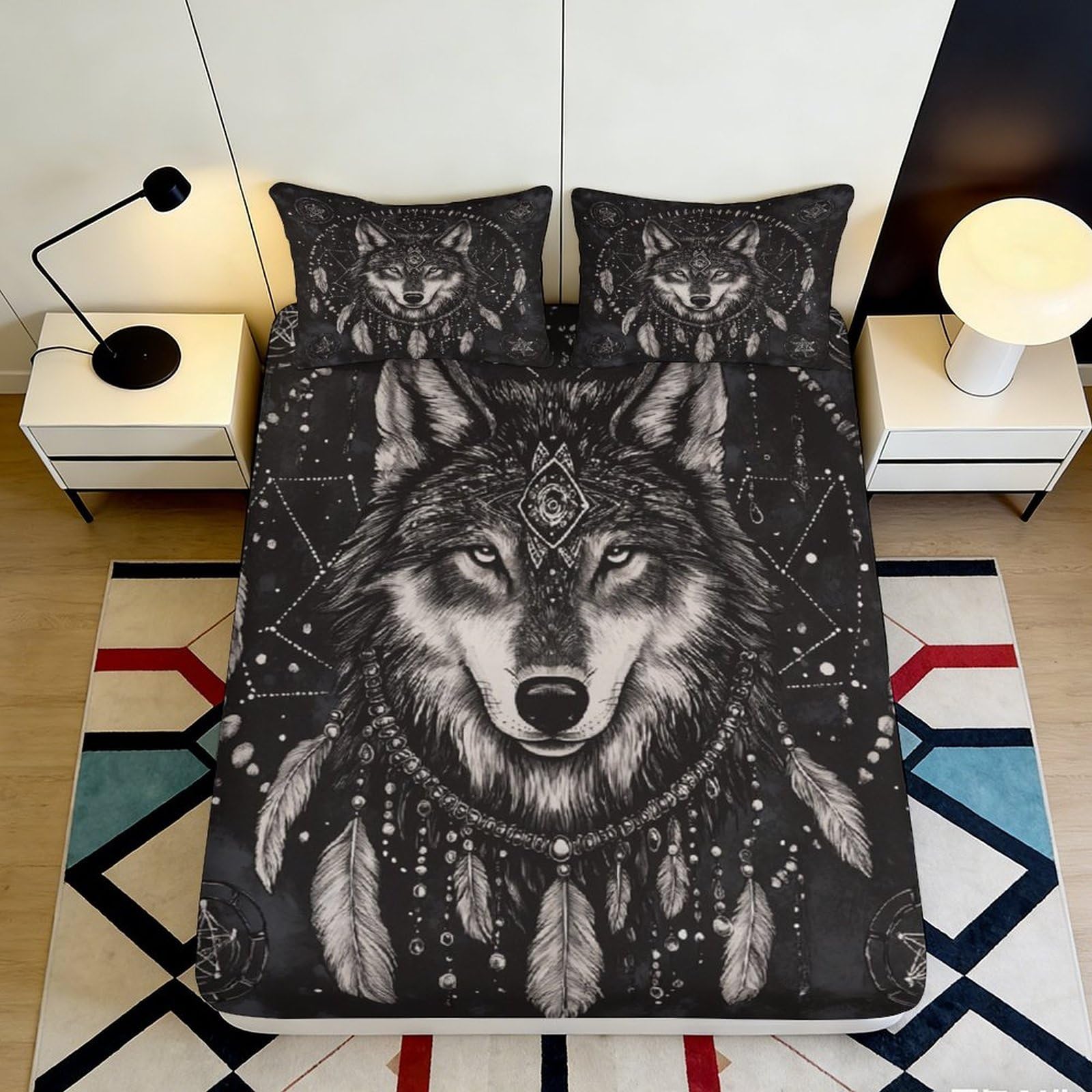 3D Printed Mystic Wolf Fitted Sheet Microfiber Black Dreamcatcher Bed Cover for Bedroom Dorm Mattress Decor 119 180x200x25cm