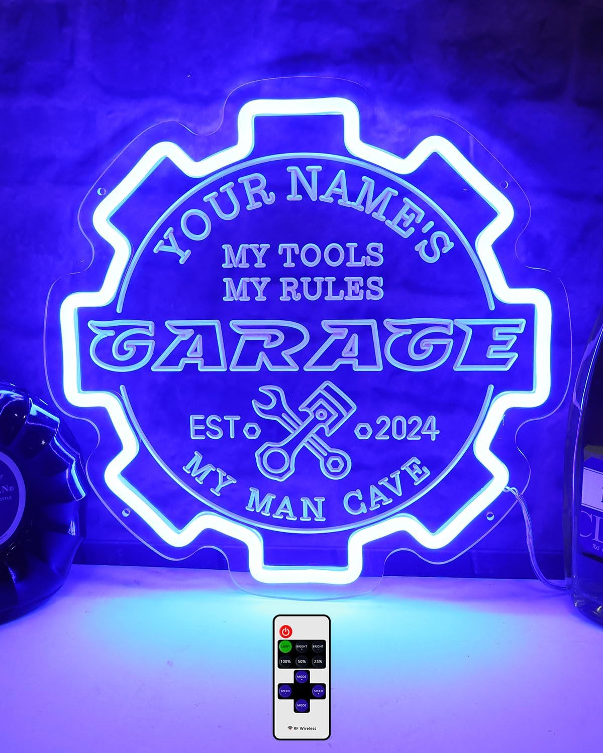Custom Garage Neon sign for Wall Decor with Timing Remote, Personalized Gear Garage LED Neon Light for Man Cave, Home Bar, Workshop, Son Dad Birthday Gift BLUE