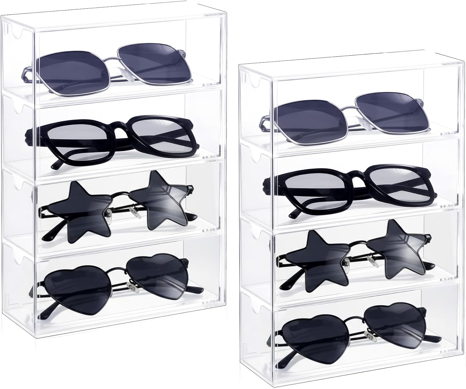 2 Pieces Acrylic Sunglass Organizer, Clear Sunglass Holder with 4 Drawers, Glasses Organizer for Women and Men, Eyeglass Holder Eyewear Display Case for Glasses Jewelry Watch Storage