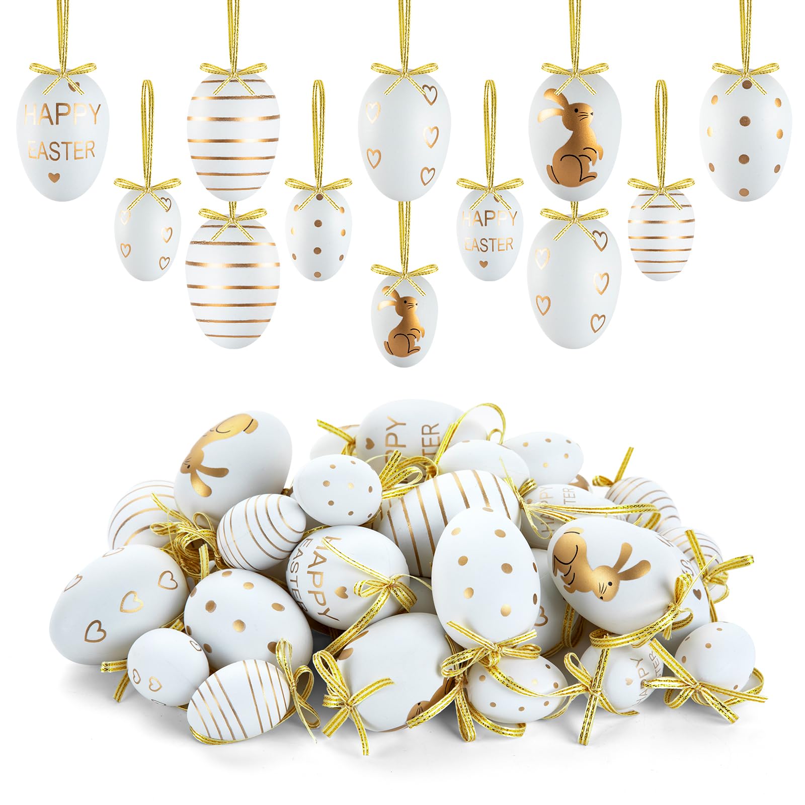Ruibinlee 40 Stück Ostereier zum Aufhängen,Weiß Ostereier Plastik,Hängdeko für Ostern,Plastik Eier ls Dekoration für Sträuße und Zweige zur Osterzeit