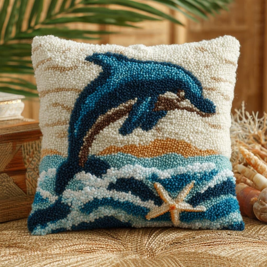 Henypt Premium Latch Hook Kit,Animal Dolphin 43x43cm DIY Sofa Pillow Cover,Printed Pattern Crochet Kit with Tools & Yarn for All Ages