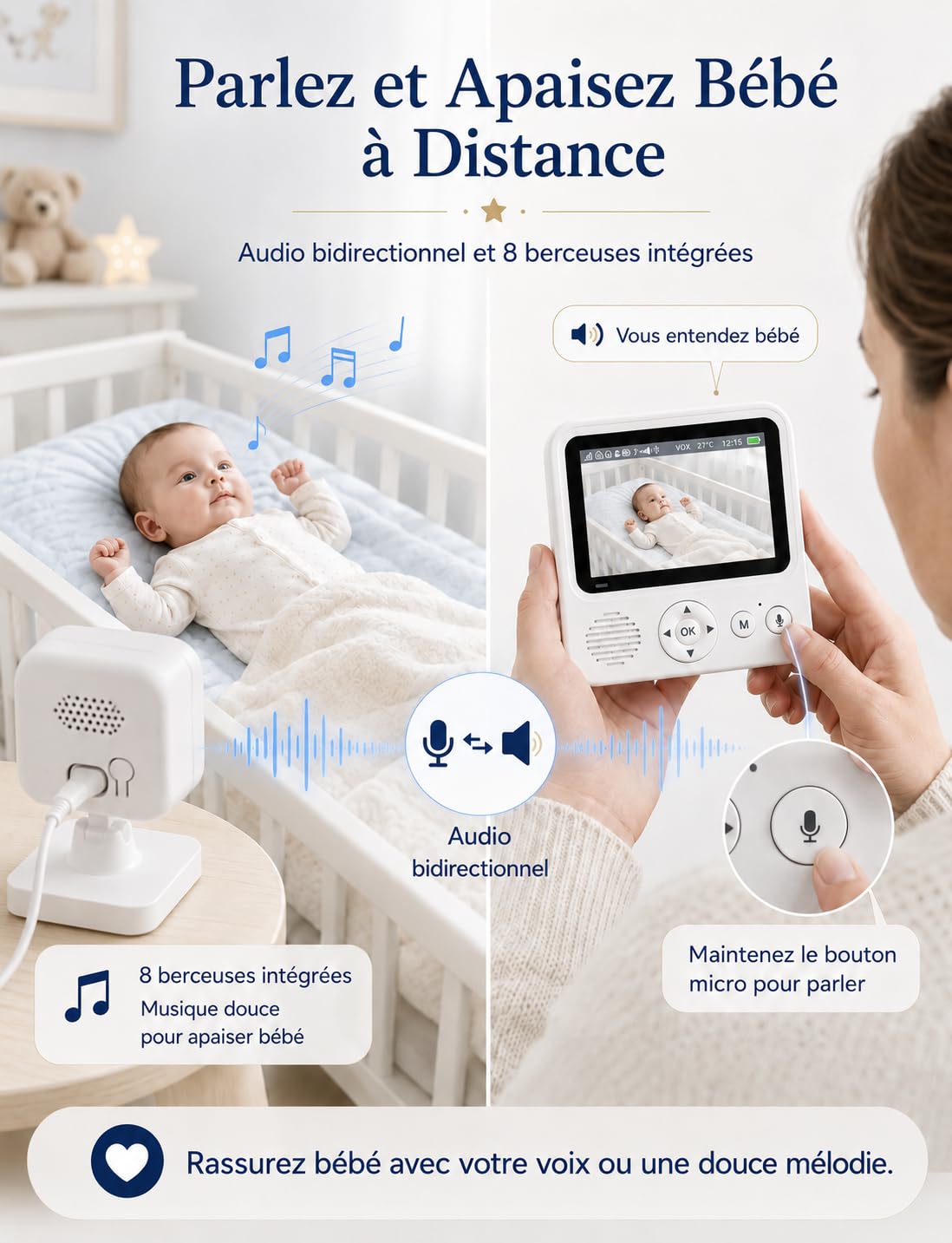 BURNNOVE Babyphone Caméra 2,8” IPS 720P Moniteur Bébé Longue Autonomie 96H VOX sans WiFi ni App Vision Nocturne Audio Bidirectionnel Détection Son/Mouvement pour Nuit et Sieste