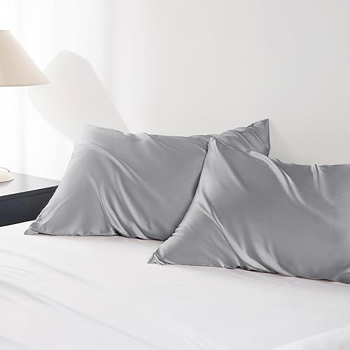 Miniatura 4 de Bedsure Juego de 2 fundas de almohada de satén sedoso para el cabello, fundas de almohada de satén gris tamaño estándar, satén mejorado similar a
