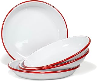 Set of 4 Enamelware Metal 10” Round Camping Plates, Solid White/Red Rim