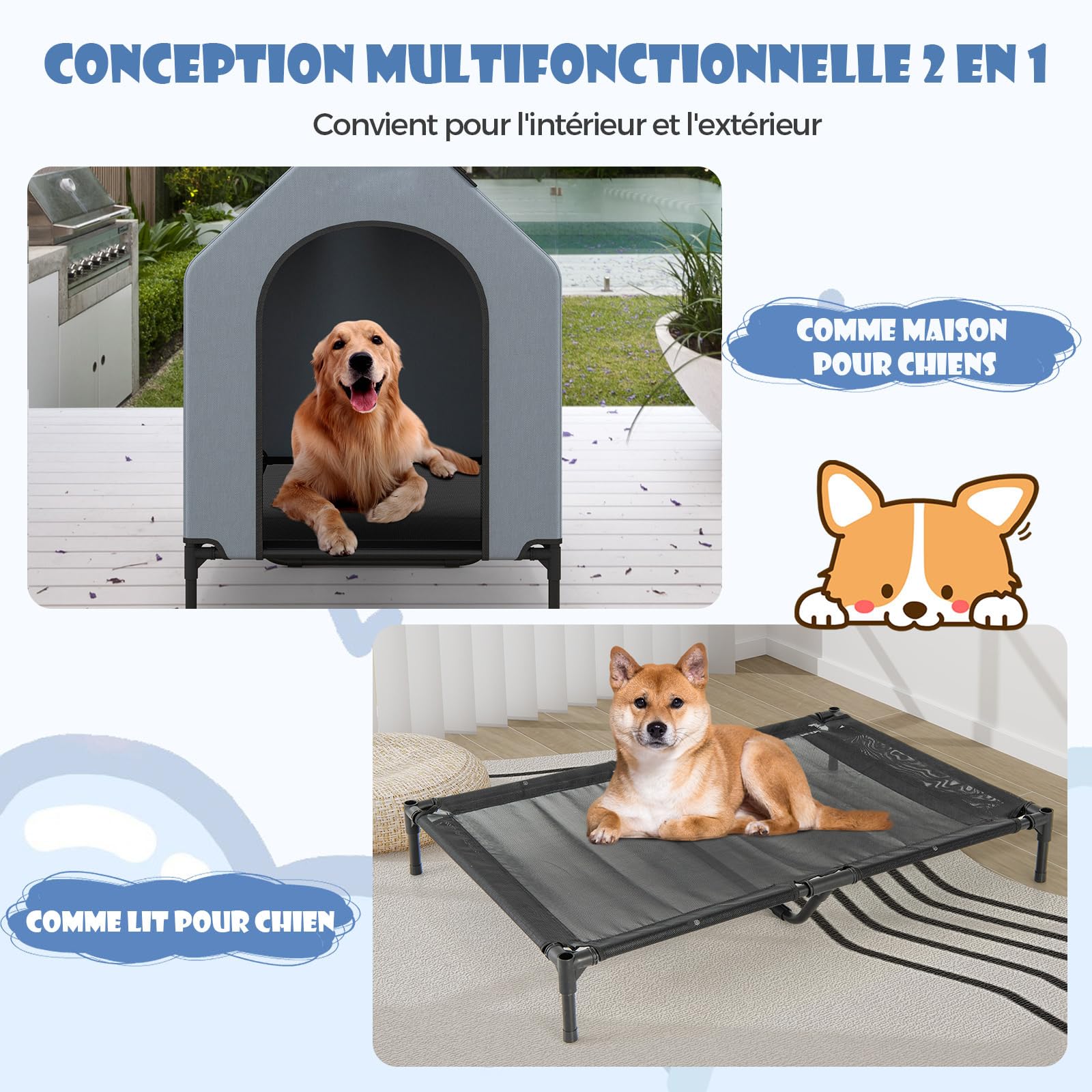 COSTWAY 2 en 1 Niche pour Chien Exteriéur Intérieur, 75x110x106 cm, Fenêtre Ventilée, Housse Amovible, Chenil pour Chien Exterieur, Tissu Oxford, Base Surélevée, pour Moyen Grand, Capacité 40 kg