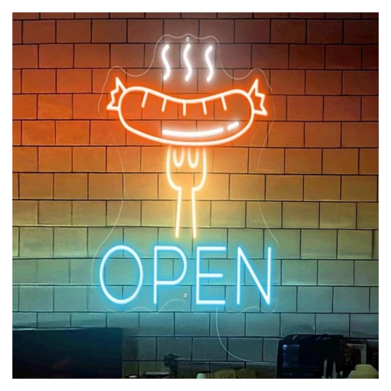 SHOUXI Sign Lamp Grilled Sausage Open Neon Sign Sausage On A Fork Neon Light Barbecue BBQ Restaurant Wall Decor Meat Light Signs(C,69X63CM)