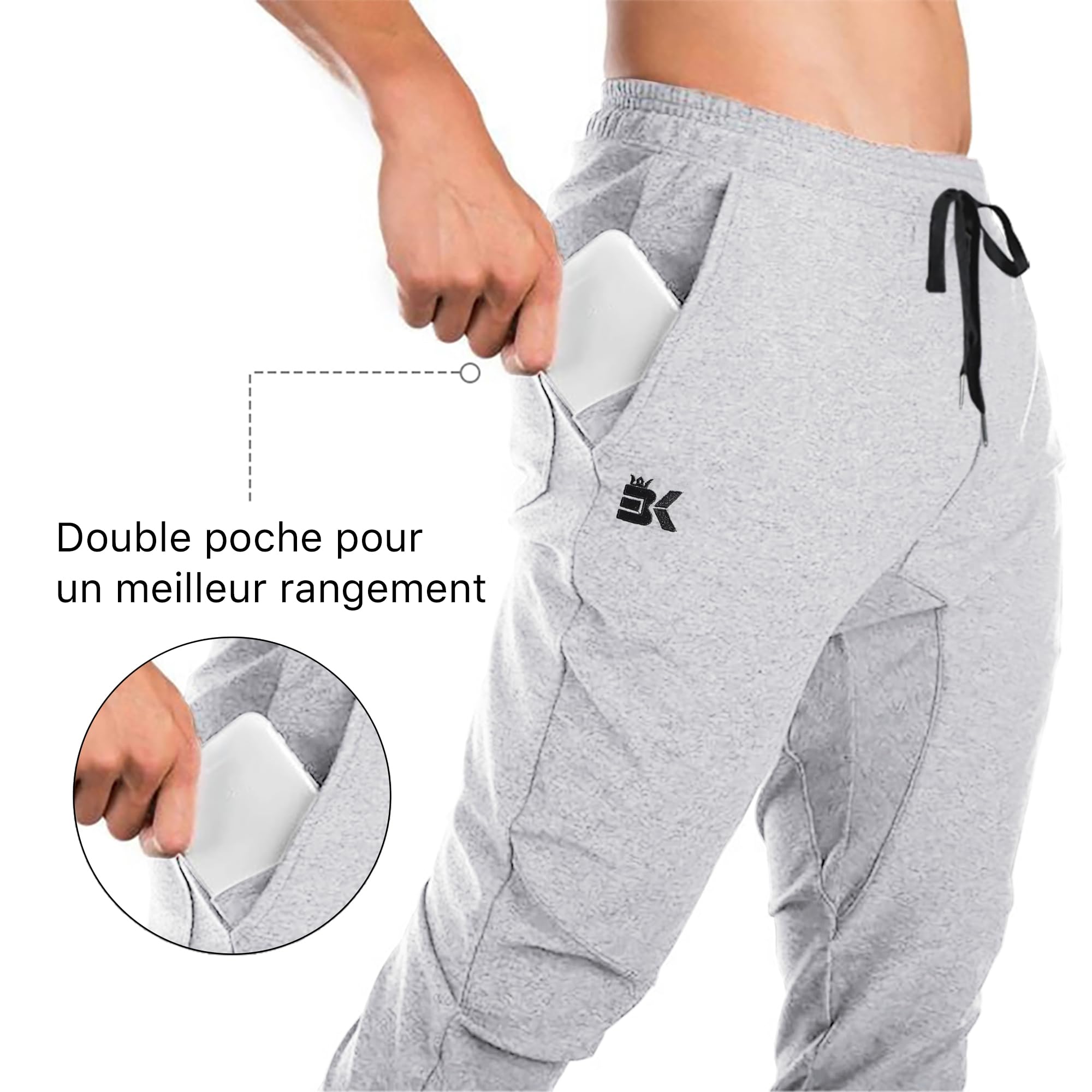 BROKIG Pantaloni sportivi da jogging da uomo a doppia tasca, pantaloni fitness con zip e stretch, per uomo, pantaloni in cotone, grigio, L