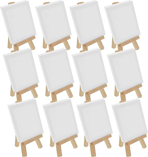 U.S. Art Supply Lienzo estirado de 2 x 2 pulgadas con mini caballete de exhibición de madera natural de 5 pulgadas (paquete de 12), soporte de mesa